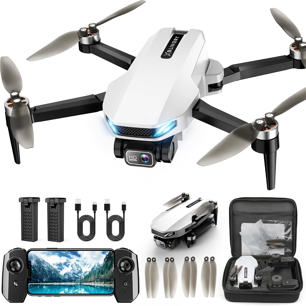 Drone GPS con cámara para adultos, Drones GPS 2K HD con retorno automático, Sígueme, Vuelo circular, Vuelo Waypoint, Flujo óptico, Motor sin escobillas, Transmisión plegable 5G FPV Quadcopter