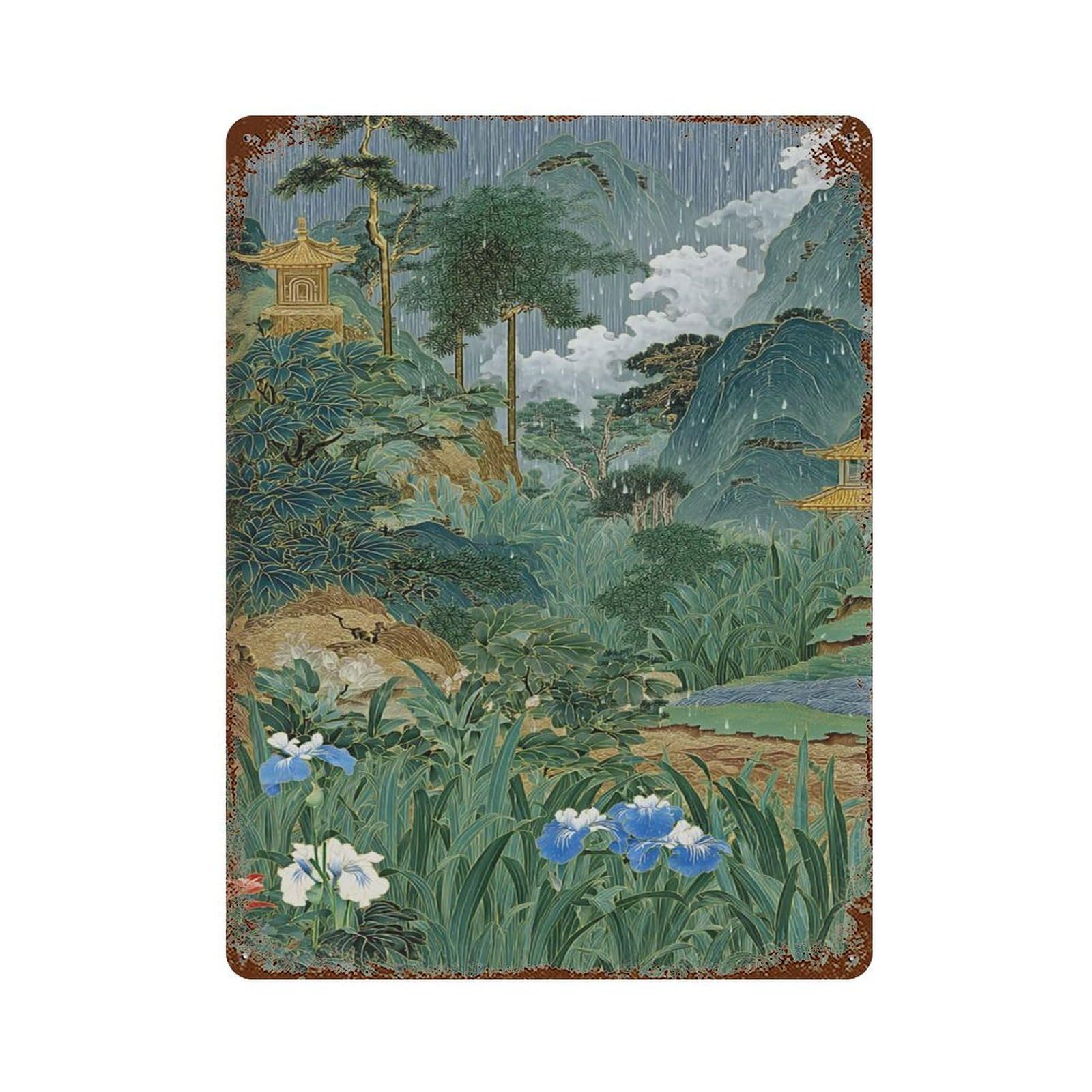 xiaoxiaoshen Japanese Rainy Forest Temple Garden Landscape Oriental Botanical Zen Nature Peac Wall Decor Art Metal Tin Poster Modern Home Decor Art Home Bar Shop Decorations Vintage Sign 40x30cm