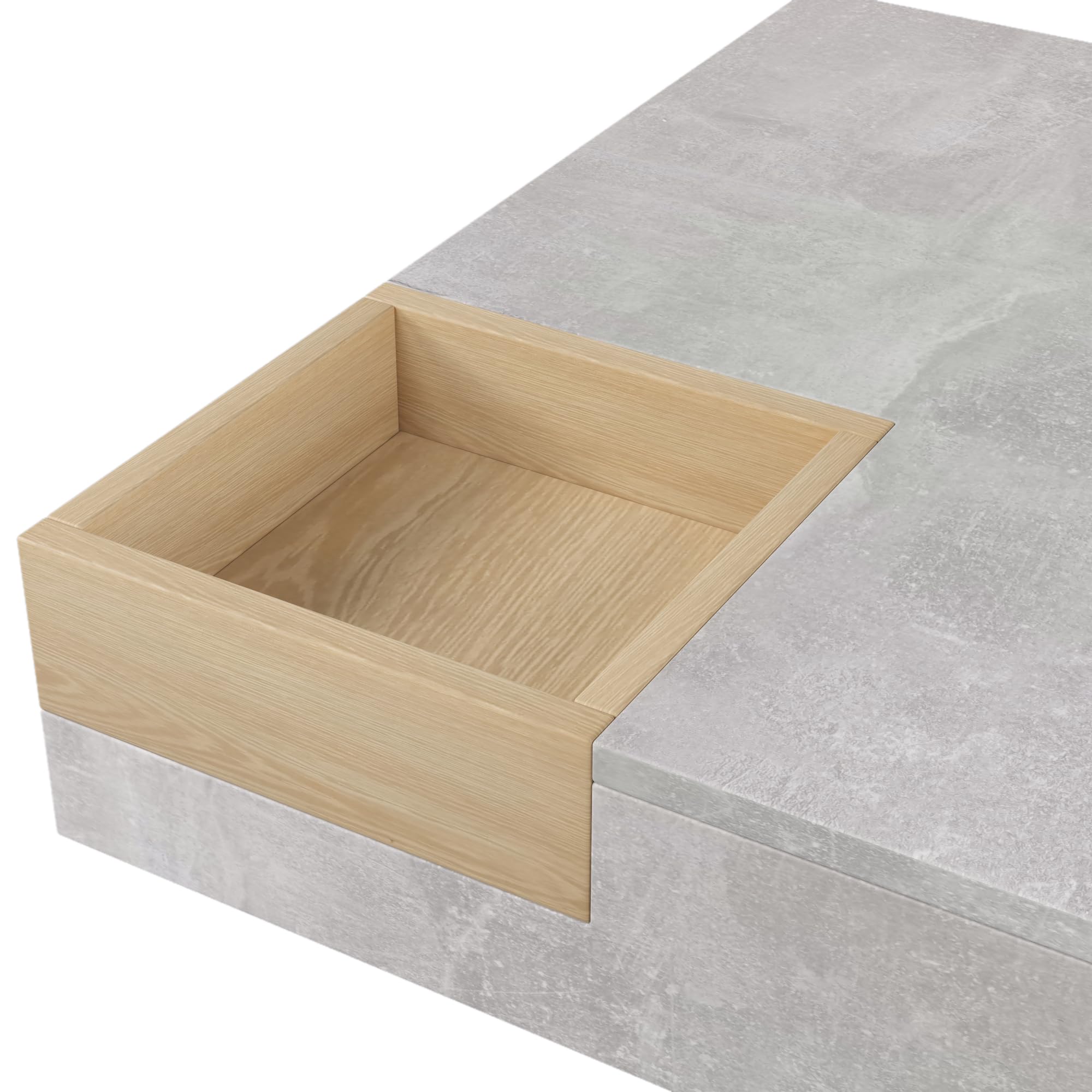 Mesa de centro para salón, mesa auxiliar con caja de almacenamiento extraíble, 72 x 72 x 30 cm (gris hormigón + color madera)