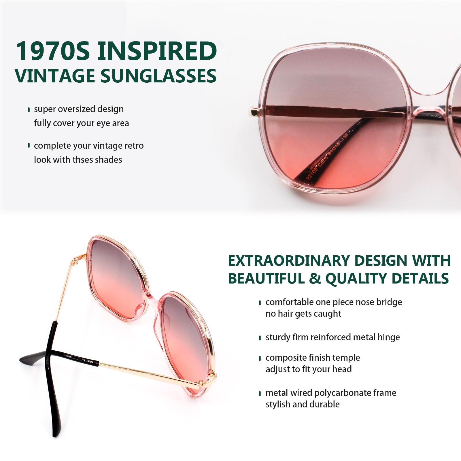 Freckles Mark Damen 70er super-Oversize-Platz Sonnenbrillen für Vintage-rechteckige kunststoffrahmen übergröße rosa-grün