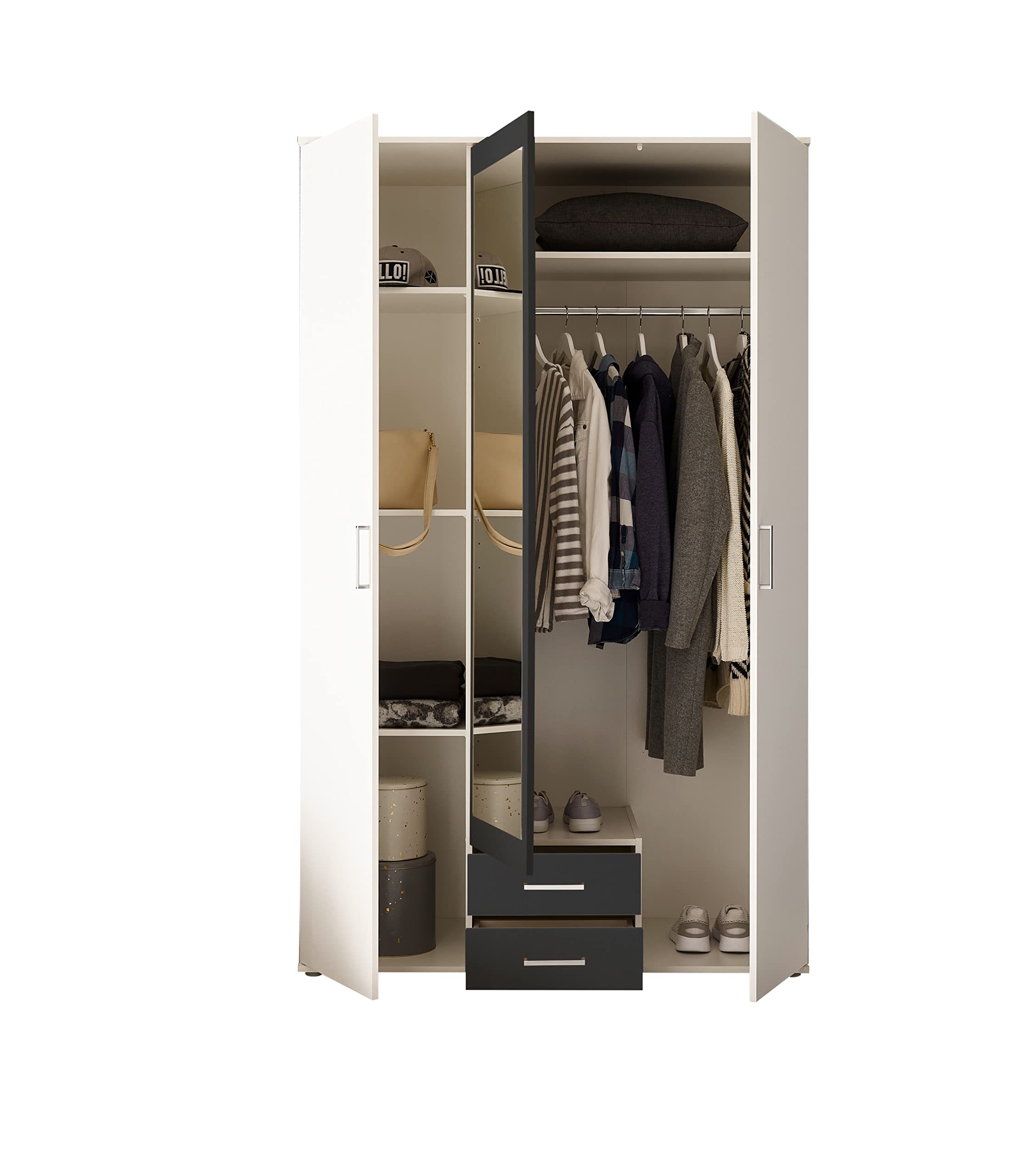 AVANTI TRENDSTORE Hanu - Armadio in legno laminato composto da 2 ante a battente, 1 anta a battente specchiata e 2 cassetti, disponibile in tre colori. Dimensioni LxAxP 120x196,3x53,5 cm
