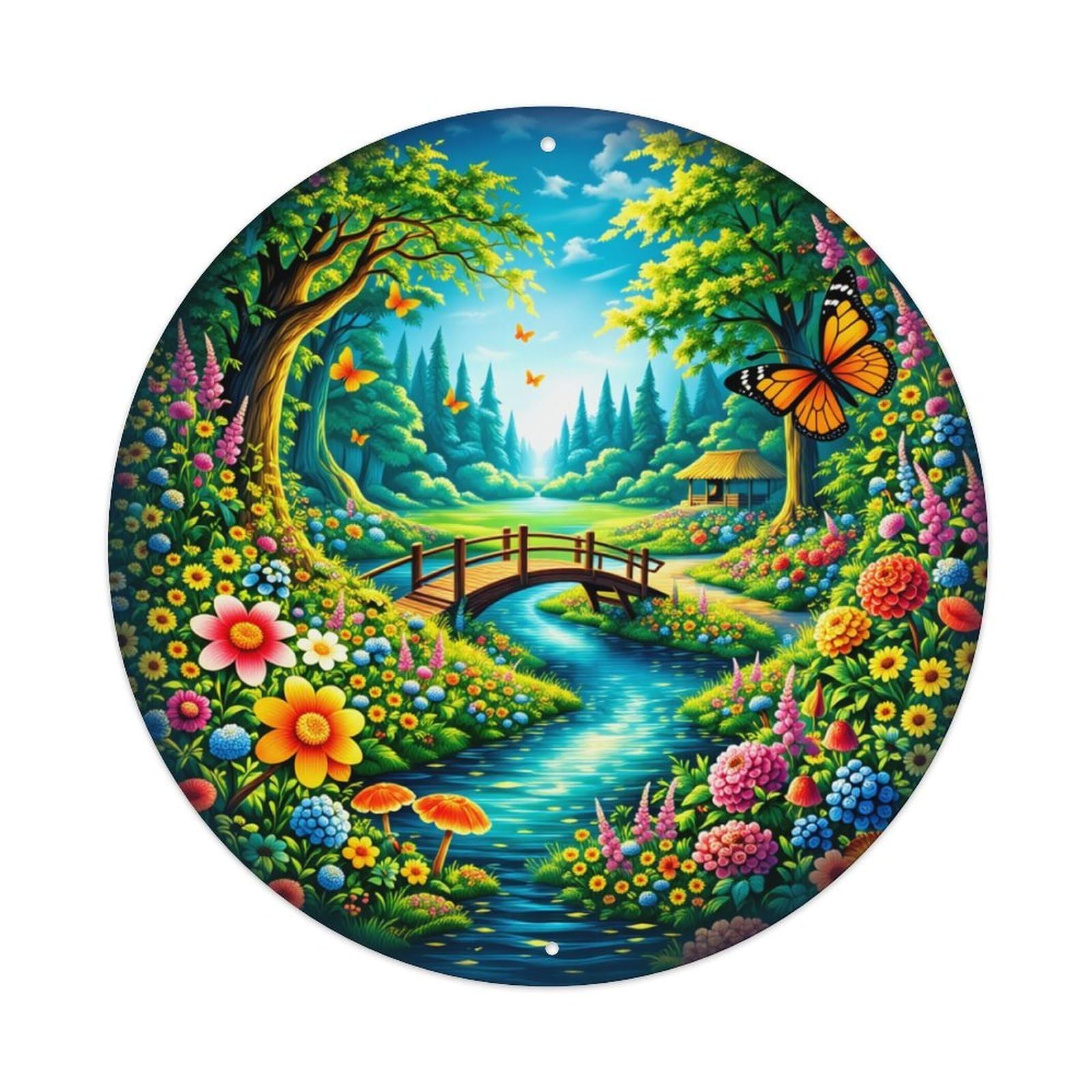 Enchanted Forest Stream Bridge Flowers Round Tin Sign Retro Metal Sign for Cafe Bar Pub Home Game Room Gym Club Wall Decoration Vintage Metal Poster 8x8 Inch