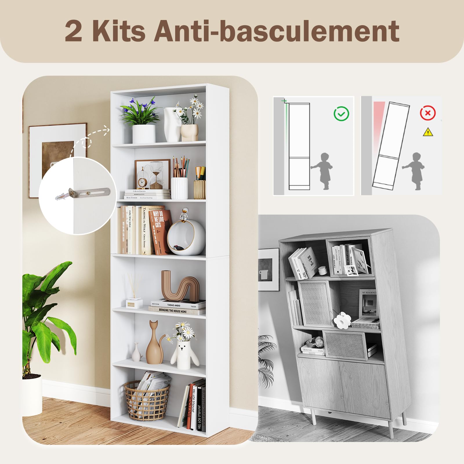 GOPLUS Bibliotheque sur Pied à 6 Niveaux, 178 cm Bibliothèque Meuble de Rangement en Bois avec Étagères Ouvertes, Range-Livres pour Salon, Bureau, Chambre, Salle d'Étude (Blanc)