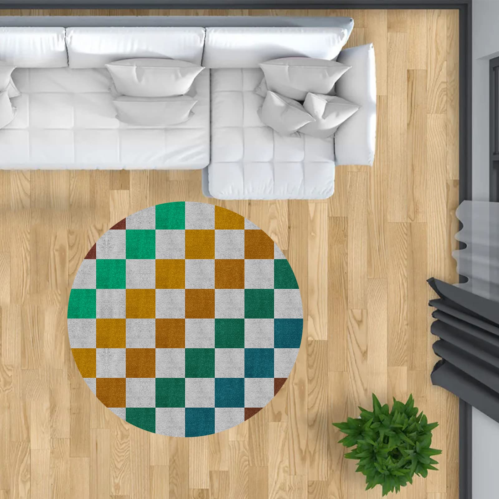 Dywan, zielony, niebieski, pomarańczowy, żółty w kratkę, geometryczny wzór, okrągły Ø 120 cm, do korytarza, salonu, sypialni, jadalni, kuchni