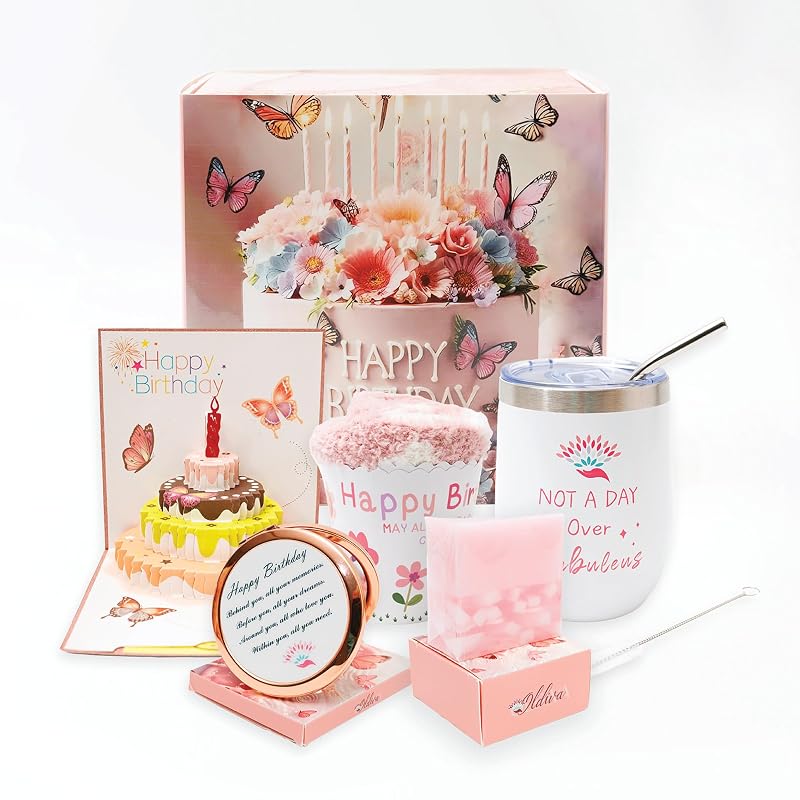 Oldiva Conjunto de Presente de Aniversário com Copo Térmico, Sabonete de Rosa, Espelho, Meias e Cartão