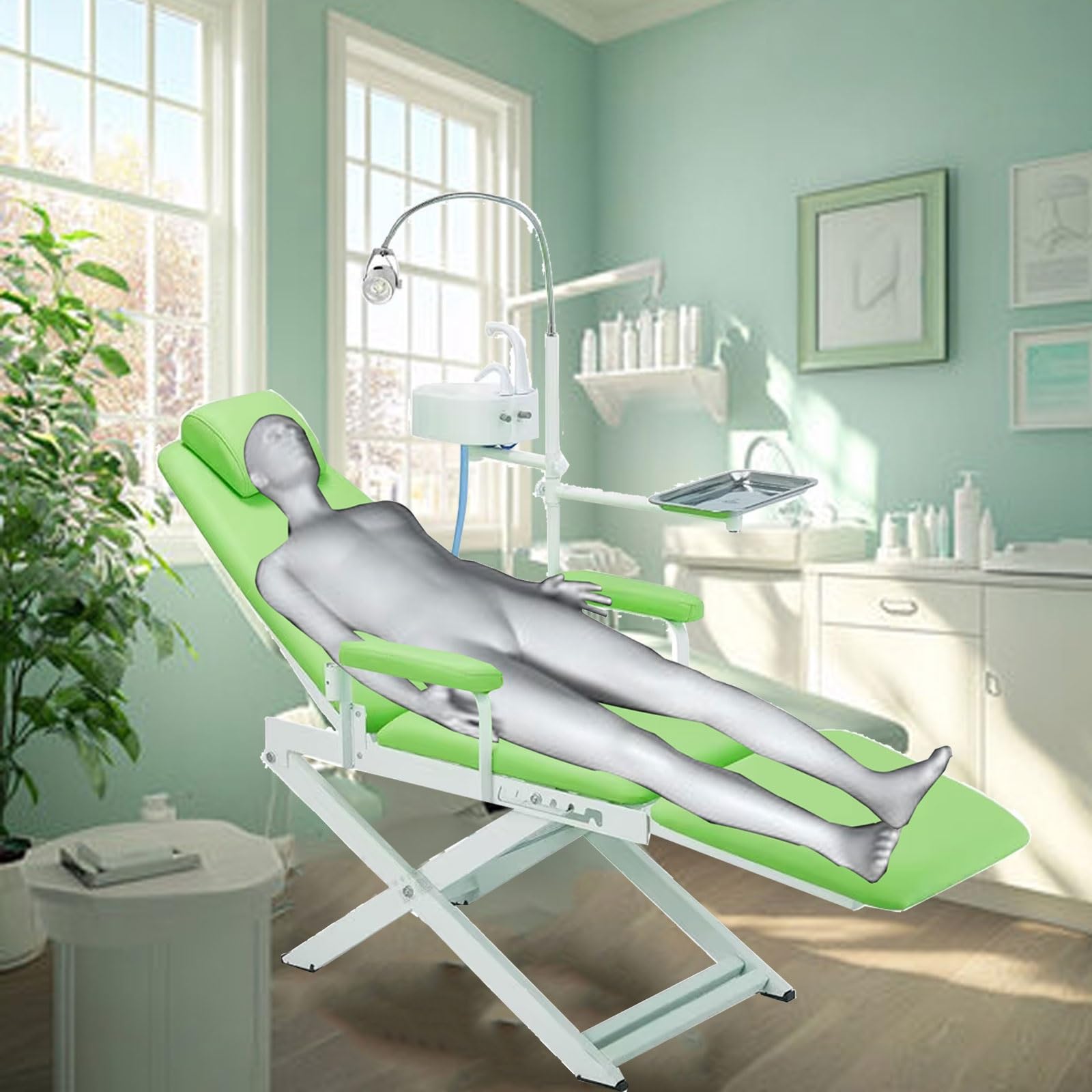 Zahnarzt Behandlungsstuhl Ergonomischer Zahnarztstuhl Stuhlbeindesign Aus Edelstahl Geeignet für Klinik Und Zuhause LED-Leuchten, Spucknäpfe Und Tabletts 220 V(Green)