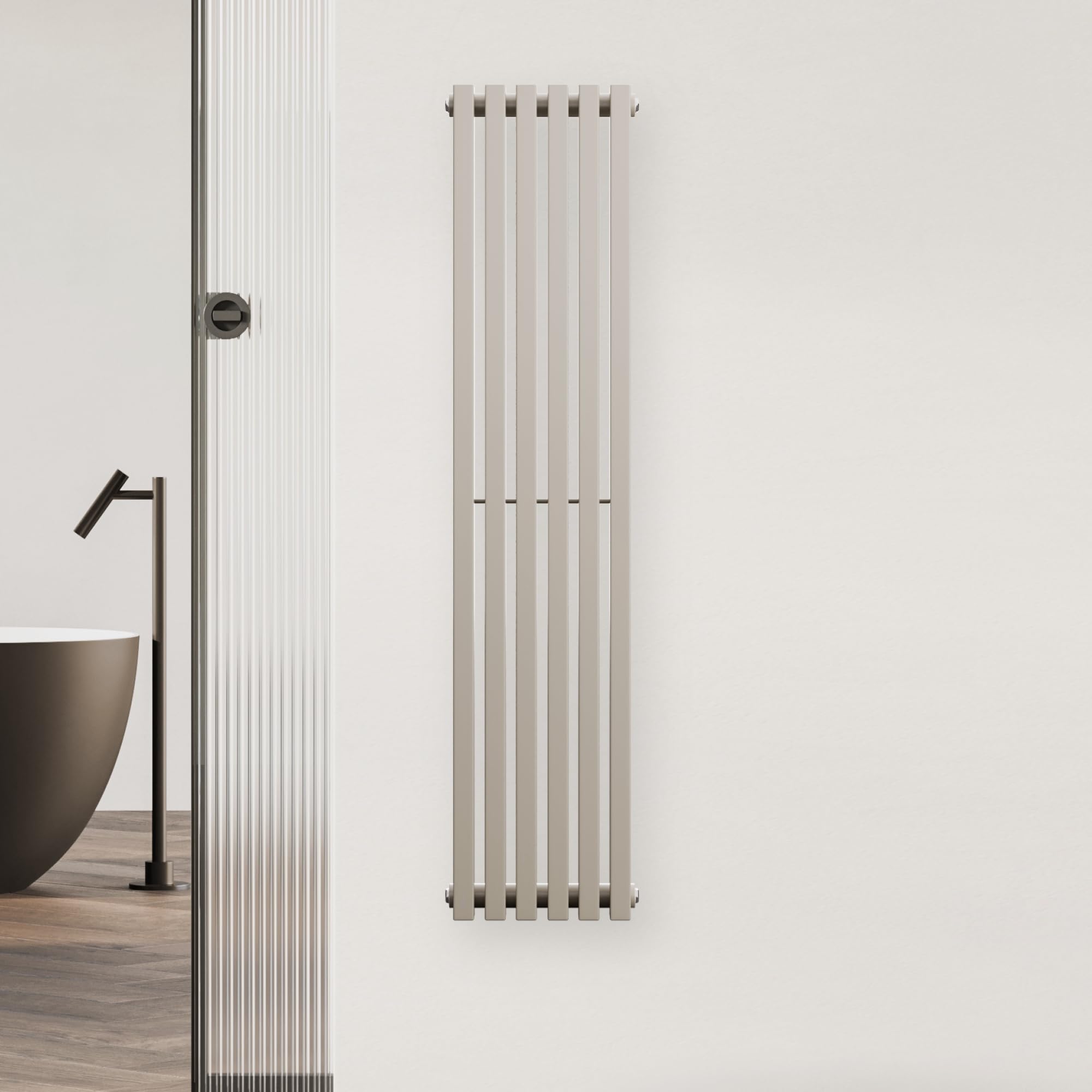 blumfeldt Radiador - 637W Radiador de Pared con Conexión Central, Diseño Moderno de Acero, Calefactor para Baños, Salones y Oficinas, 25 x 120 cm, Color Arena