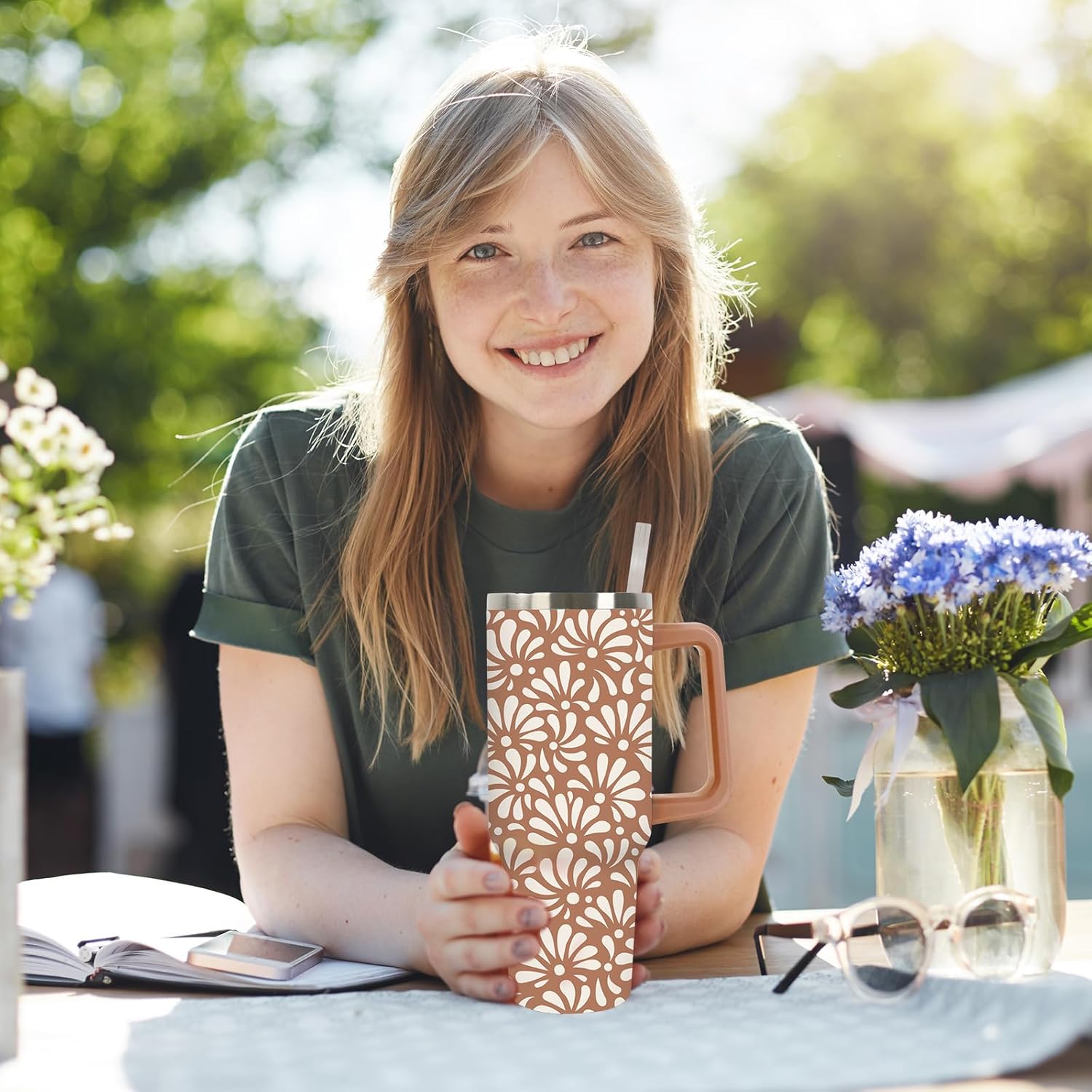 Cielito Lindo Tumbler with Handle Stainless Steel Cup 40oz Platos De Barro Terracotta Flower Tumbler with Lid Straw for Mexican Fiesta Cinco de Mayo Decor