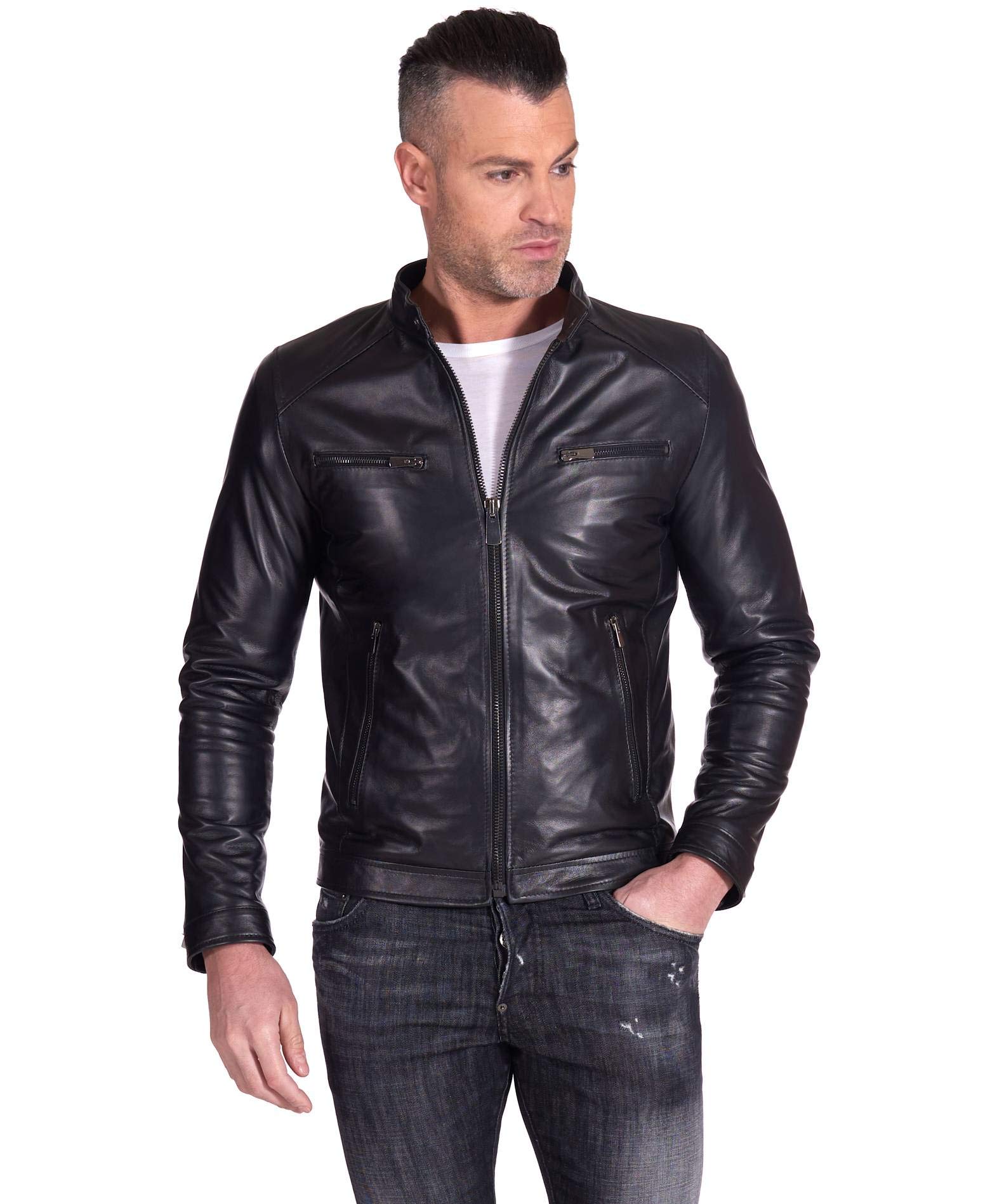 D'arienzo Men's Black Leather Jacket Biker Genuine Leather Made In Italy Hamilton /48/S