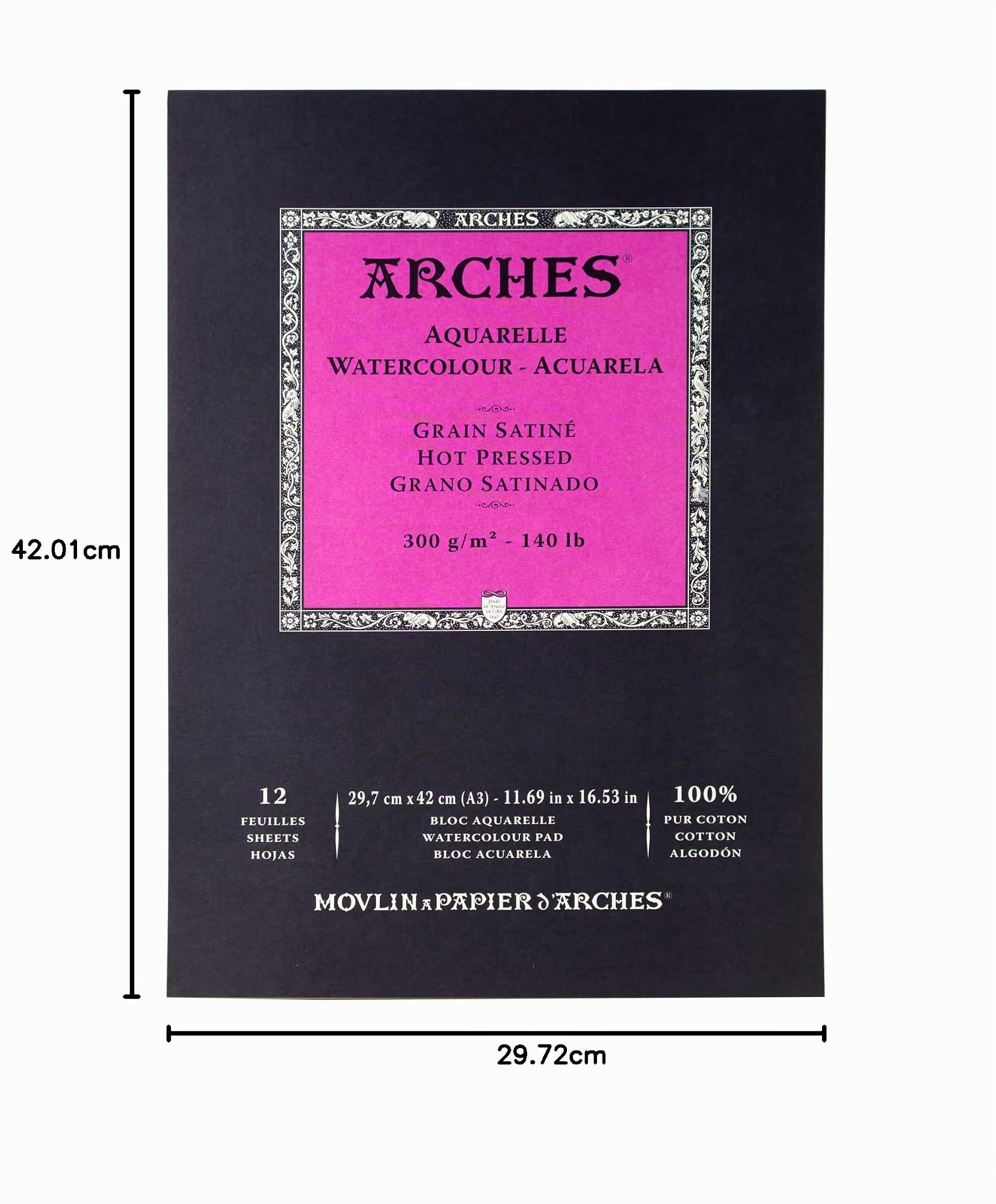 ARCHES Aquarelle - Bloc 12 feuilles 29,7x42 collé petit côté - 300g/m² - grain satiné, blanc naturel, 4 bords francs