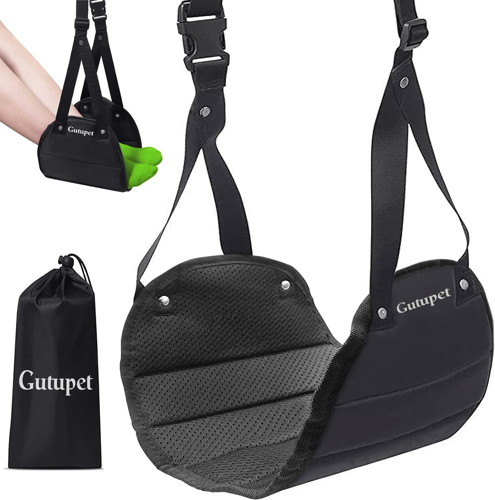 Airplane Footrest - Portable Travel Accessories to Relax Your Feet, Under Desk Footrest Adjustable Height Foot Hammock (Black)