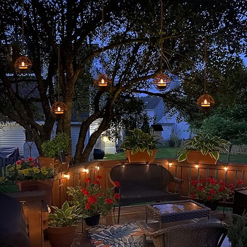Miniatura 6 de Faroles solares colgantes para exteriores, impermeables, portavelas de bola de hierro óxido con luces de té parpadeantes alimentadas por energía