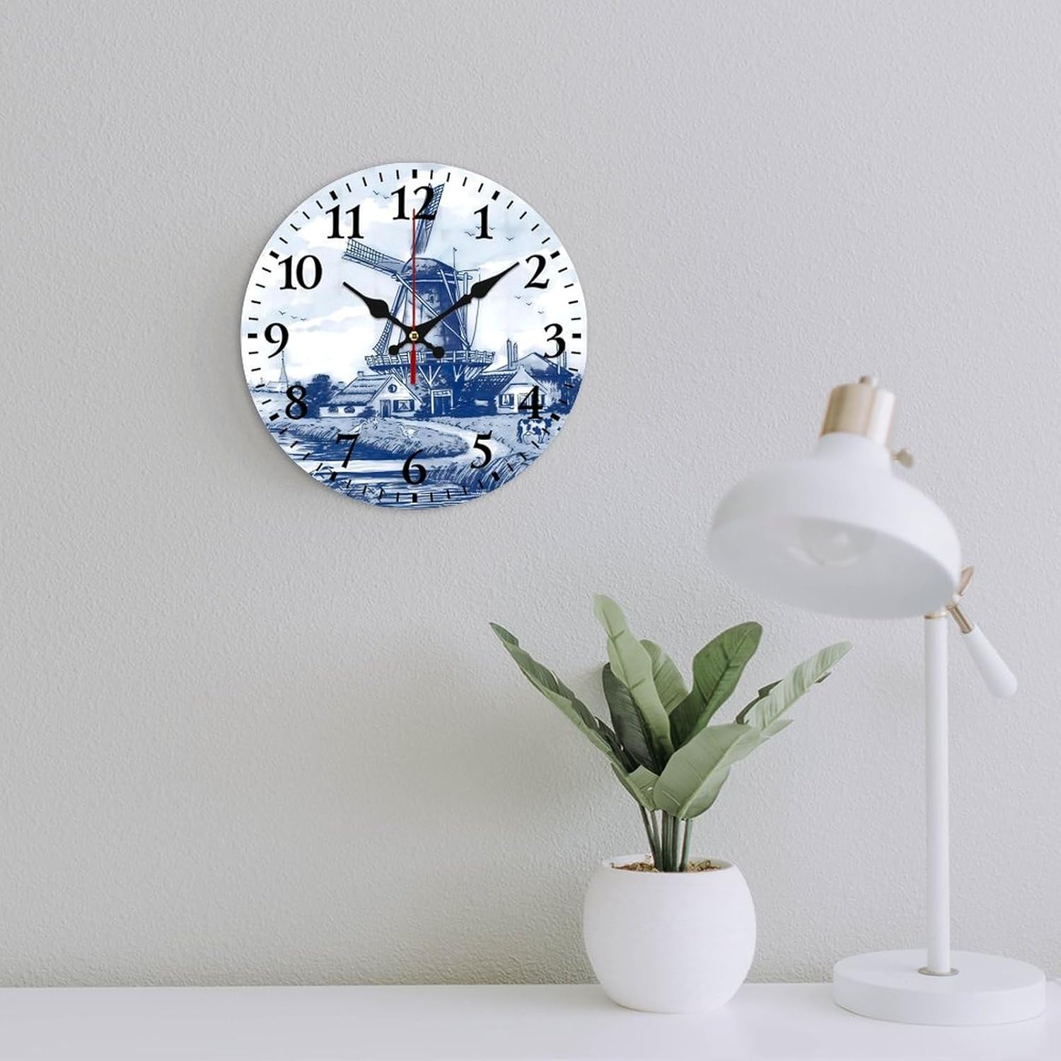 Nederland Cute Vintage Dutch Windmill Delft Blue Silent Wall Clock, Vintage Rustic Decoration Round Wall Clock for Bedroom, Bathroom, Living Room, Home Office(30cm/11.8in)