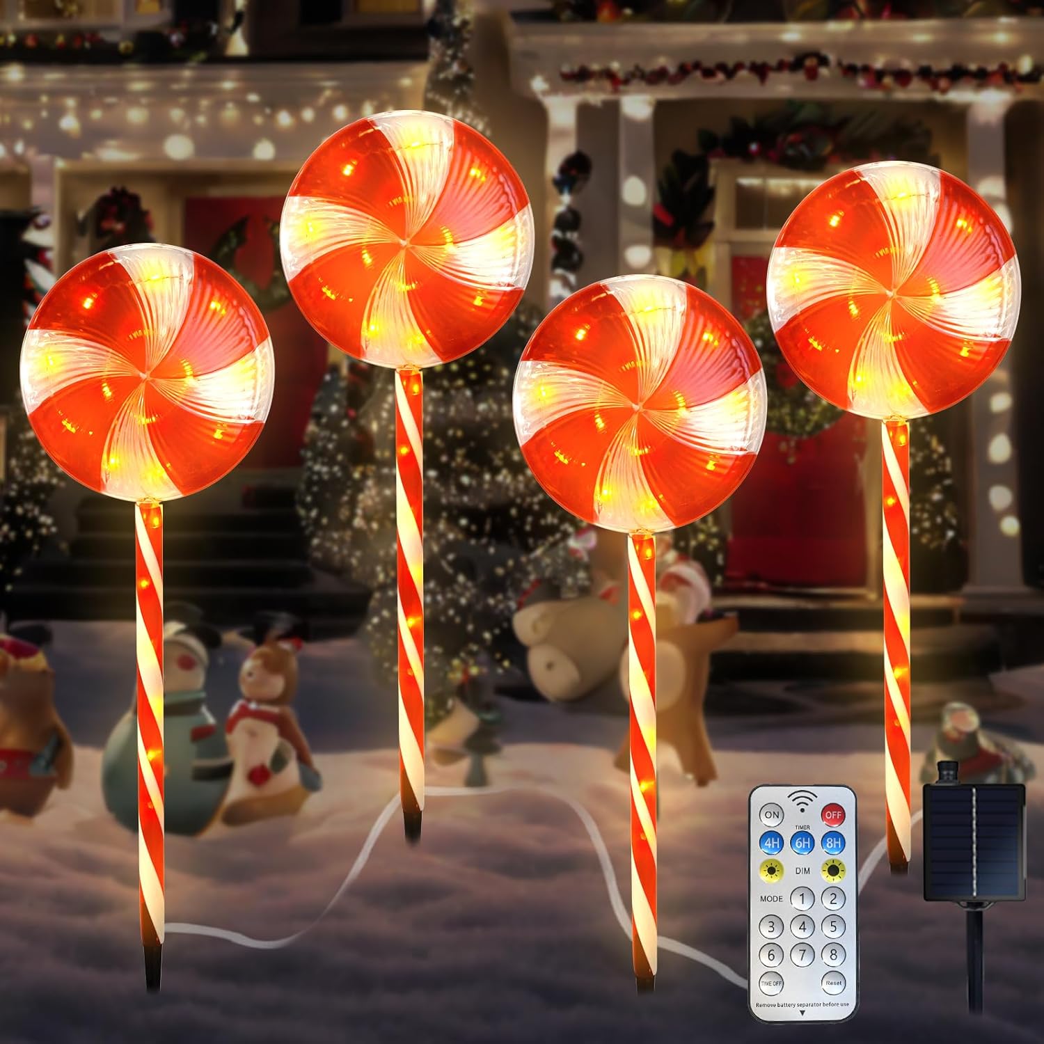 Candy Christmas Decorations Pathway Outdoor Solar, 29 inches 80 LED Lighted Lollipop with 8 Modes Waterproof String, for Yard Patio Walkway-4PCS