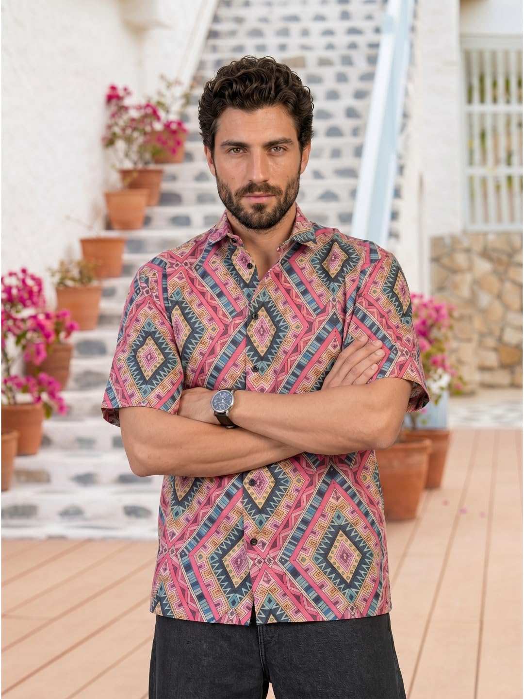 BROWN CULTURE Camicia da uomo con stampa in misto cotone, collo alto, mezza manica, orlo dritto oversize, lunghezza e chiusura con bottoni, camicia formale da uomo