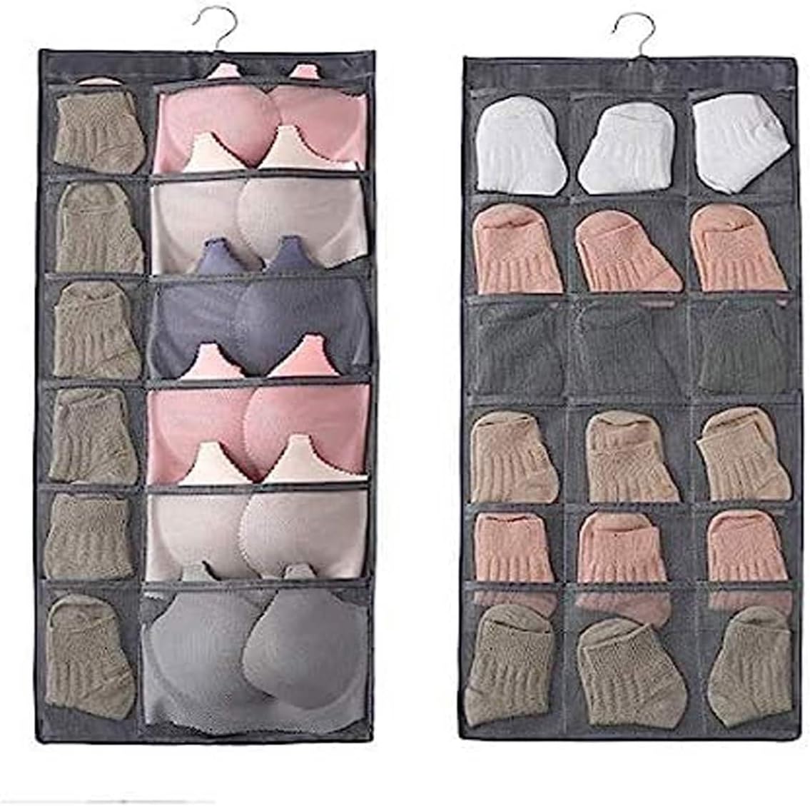 SYSTEMIZE Double Sided 30 Pockets Clear Clothing Hanging Bag Socks Bra Underwear Rack Hanger Storage Organizer Wall Hanging Closet Shelves Storage Pockets Non Woven Matrial (Grey)