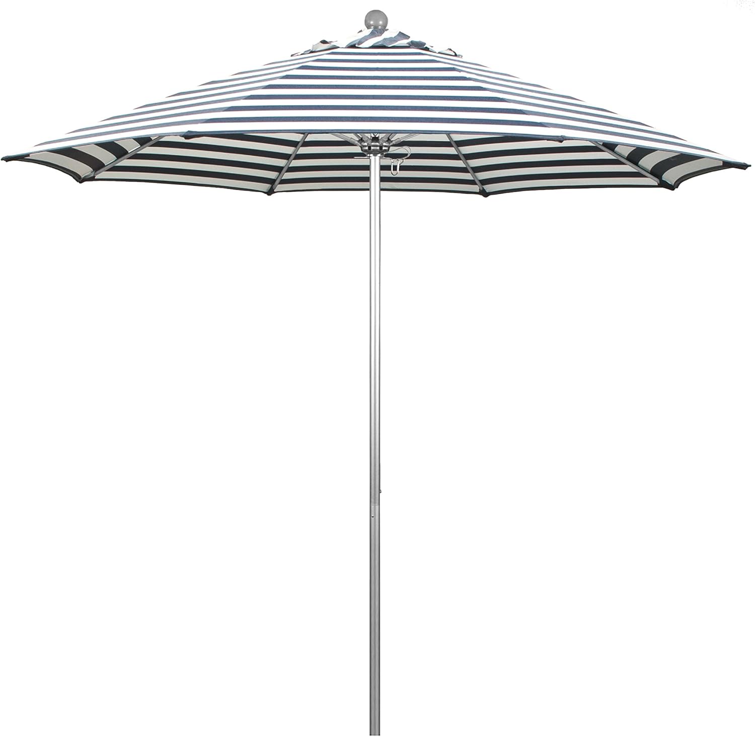 California Umbrella 9' Round Contract Grade Patio Umbrella, Push Open, Silver Finish, Gray/White Olefin