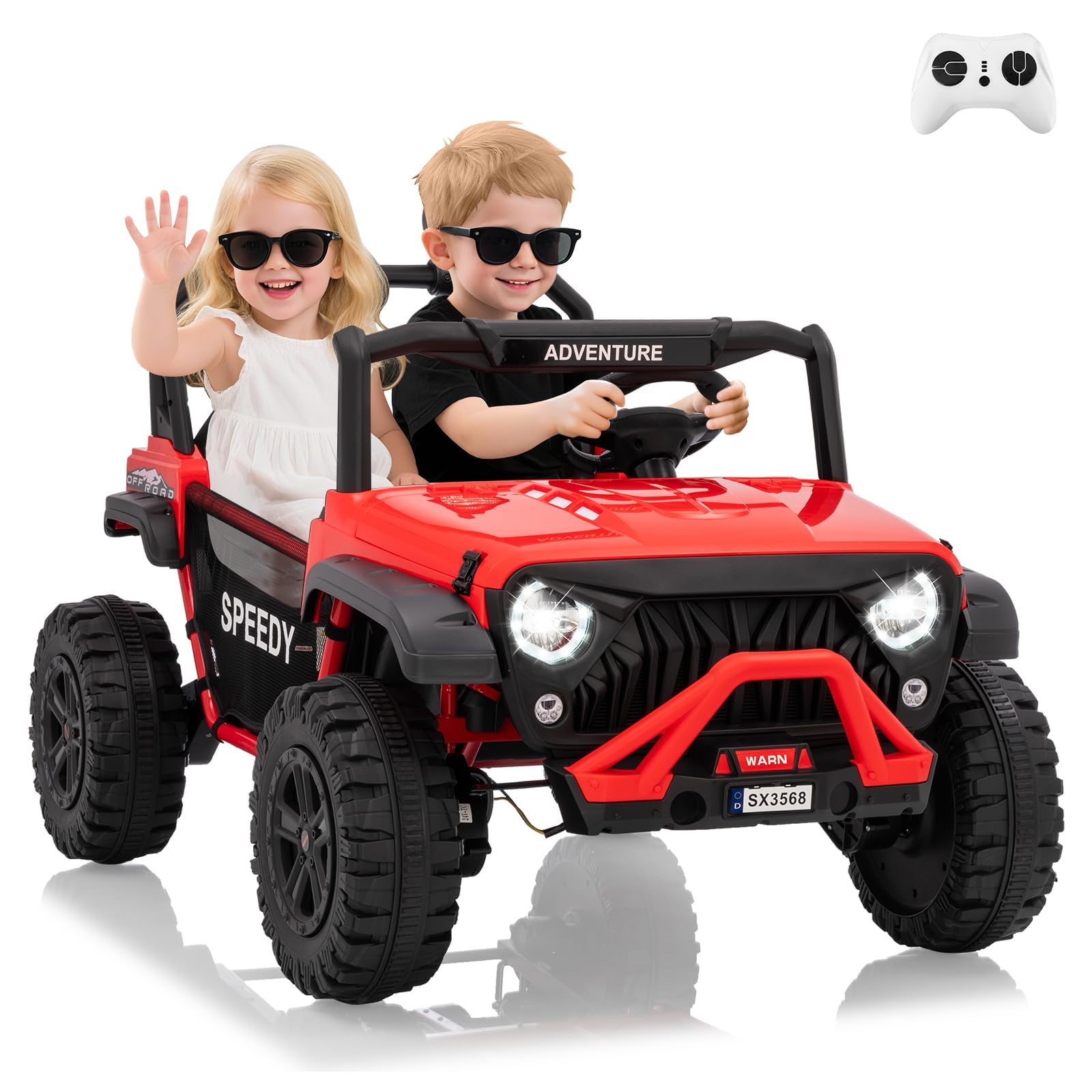 24V 2 Seater Ride on Car with Remote Control, 4WD Electric Toy Car for Big Kids, Bluetooth, LED Lights &amp; Spring Suspension, Red