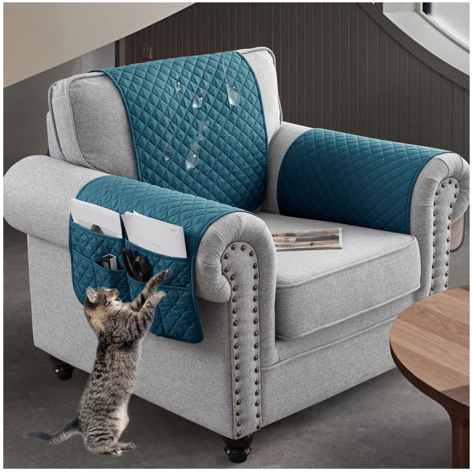 NNSMUN Sofa Armrest Cover 3/4/5Pcs, Waterproof and Nonslip Armchair Covers for Arms Headrest, Sofa Slipcover with Side Pocket, Quilted Protector for Pets Leather Couch (Aqua Blue,3 Seater(5pcs))
