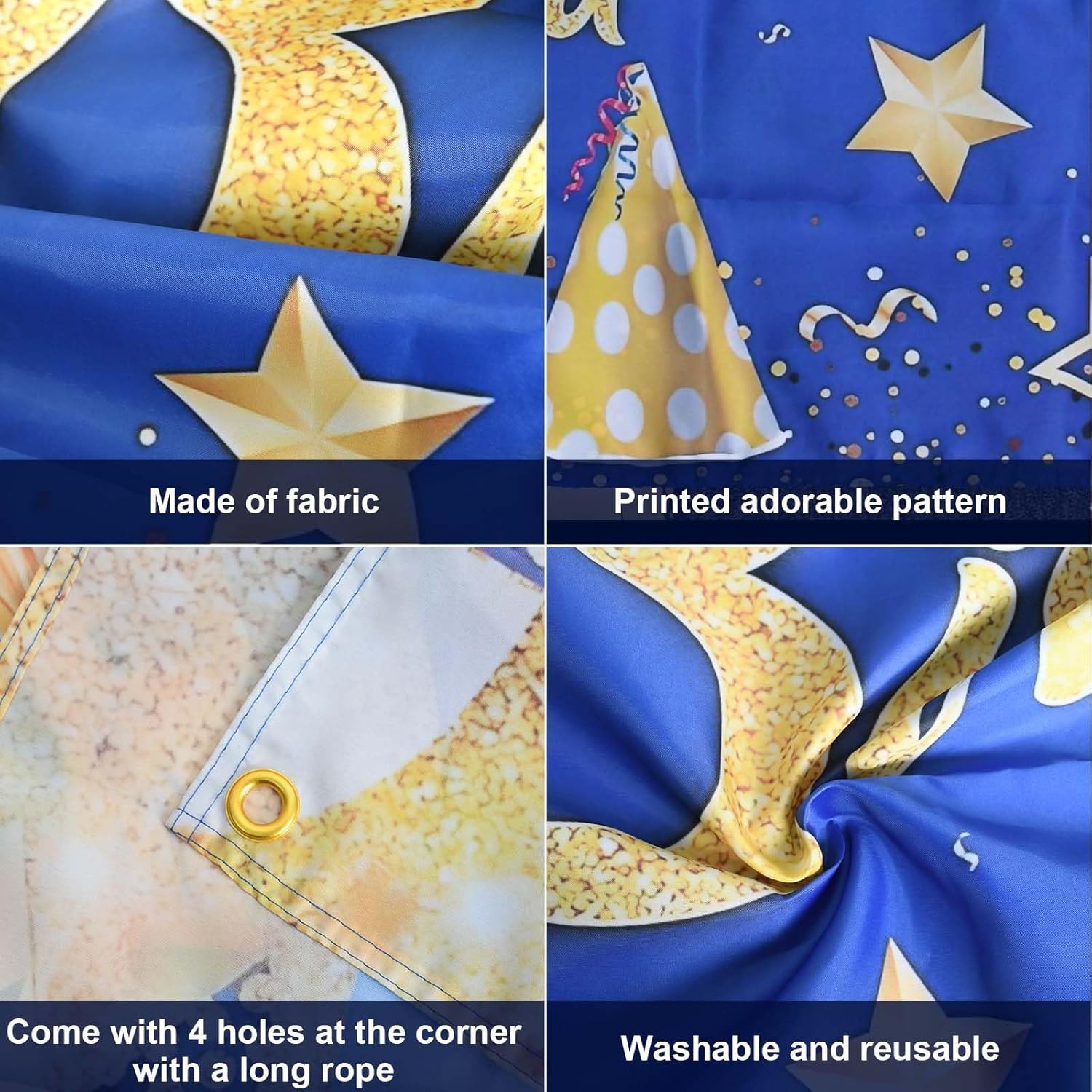 Happy Birthday Banner, Blue Gold Happy Birthday Backdrop, Party Decoration Poster Background, Birthday Banner Supplies for Birthday Party, 110 x 185 cm