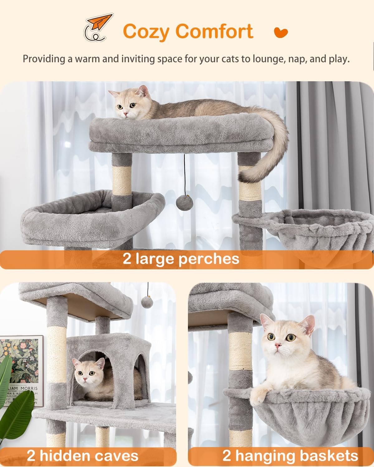 Cat Tree, 81-Inch Tall Cat Tower with Scratching Post, Plush Multi-Level Cat Condo with 2 Perches, 2 Caves, 2 Basket, Hammock for Indoor Cats Light Grey