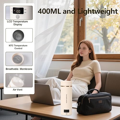 Miniatura 4 de Hervidor eléctrico portátil de 13.5 fl oz, mini caldera de agua de viaje pequeñapequeña con control de temperatura, pantalla LCD, protección contra