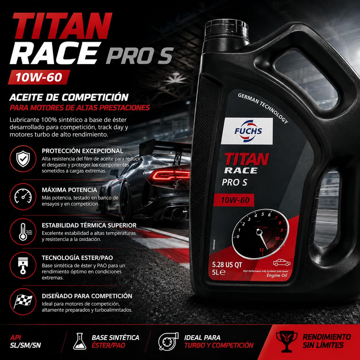 FUCHS TITAN RACE PRO S SAE 10W-60 Aceite Motor 5L, Sintético Base Éster/PAO, Alto Rendimiento, Competición, Track Day, Motores Turbo, Protección Antidesgaste, API SL/SJ/SH