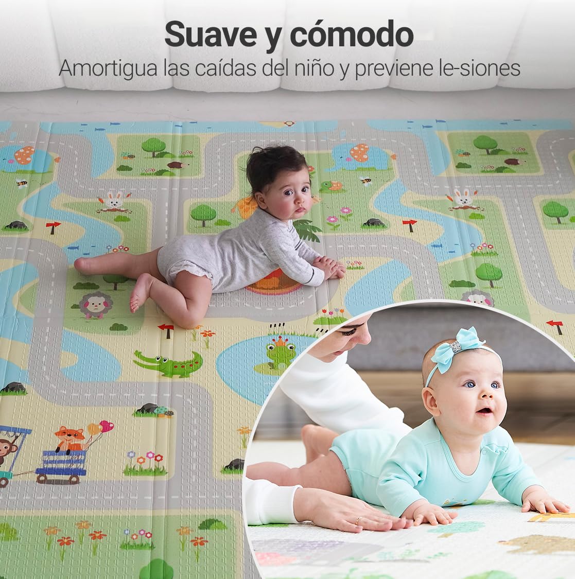 MIKMEL Alfombra Bebe Acolchada Plegable Reversible – Tapete Actividades y Juegos para Niños, Colchoneta de Suelo XPE Impermeable para Gateo – Diseño Carreteras/Animales – 180x150x1cm