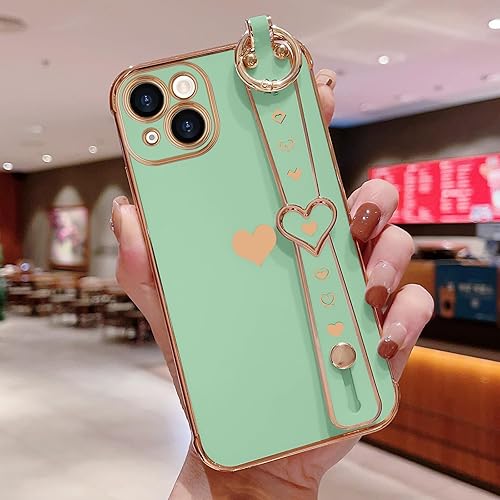 Miniatura 2 de Funda para iPhone 14 con correa chapada en forma de corazón para mujeres y niñas, protector de lente de cámara de silicona suave, a prueba