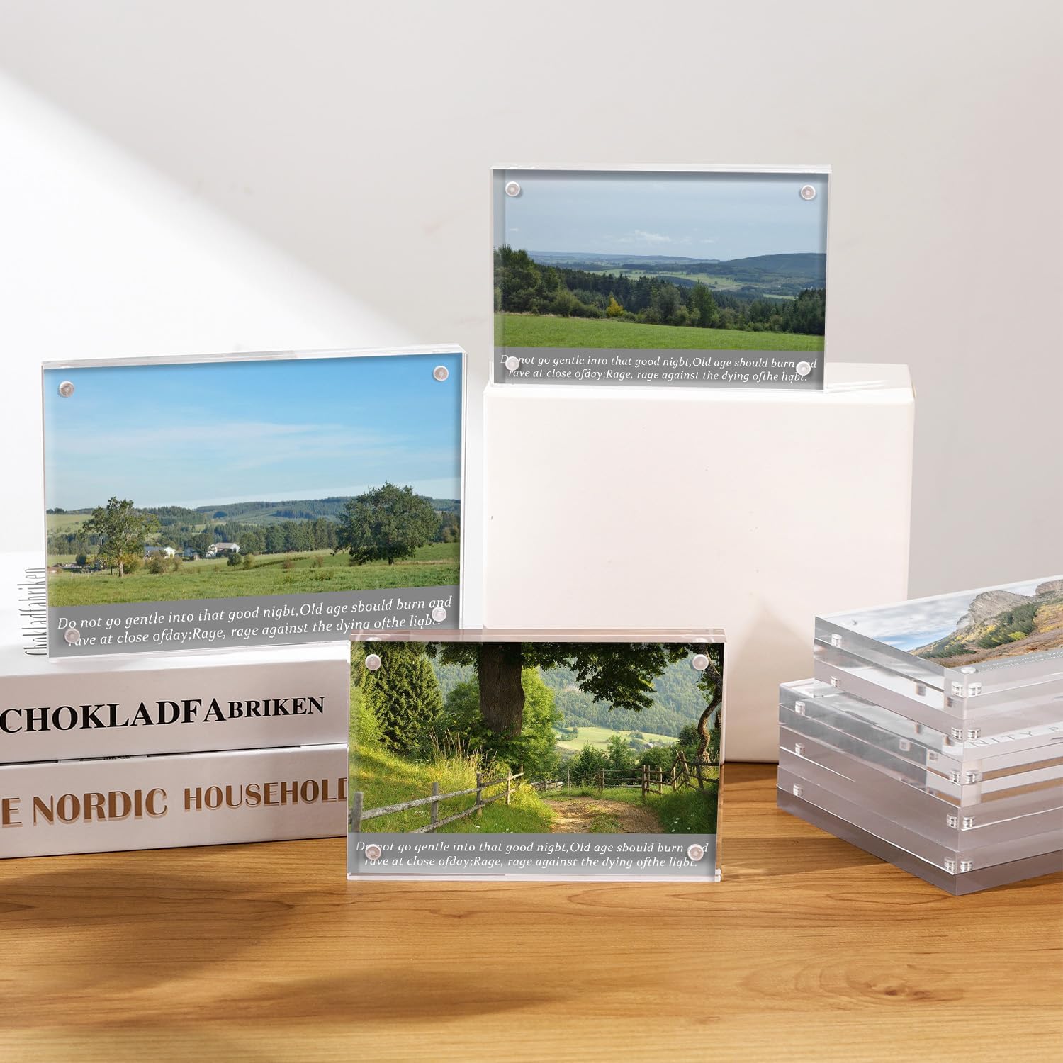 4 Pack Acrylic Picture Frames 4x6, Extra Thick Magnetic Photo Block, Double Sided Clear Frameless Picture Holder, Self Standing Desktop Display for Office, Wedding Table Numbers & Home