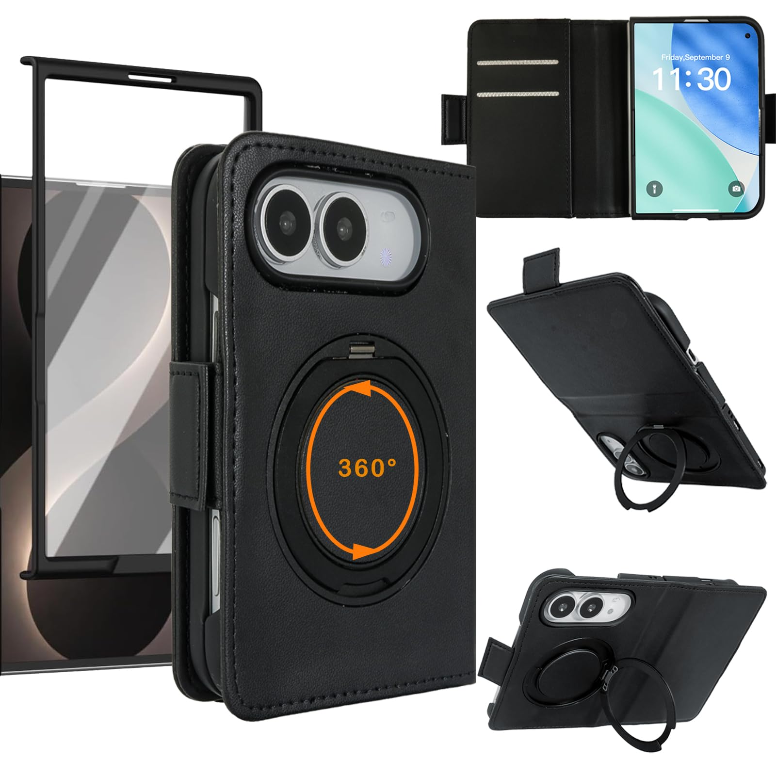 Custodia a portafoglio ultra pieghevole per telefono, con supporto, compatibile con MagSafe, cavalletto integrato, protezione per lo schermo e cerniera, in pelle con struttura in fibra di