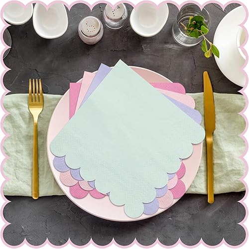 Miniatura 7 de Kosiz 100 servilletas de cóctel con bordes festoneados de 5 x 5 pulgadas, servilletas de papel pastel desechables a granel para 4 colores macarrón,