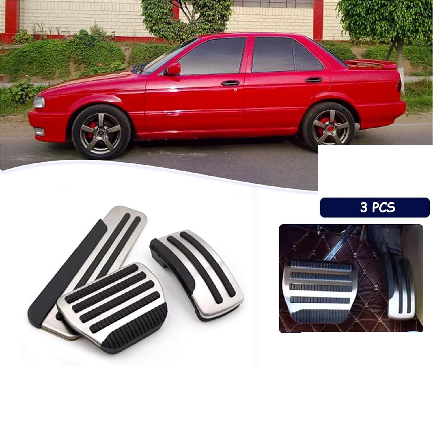 Fit for Nissan Sunny Tsuru Sentra V16 B13 2017 Car Foot Pedals Stainless Steel Pad Fuel Brake Non-Slip No Drilling Alloy Auto Covers(3 Pcs)