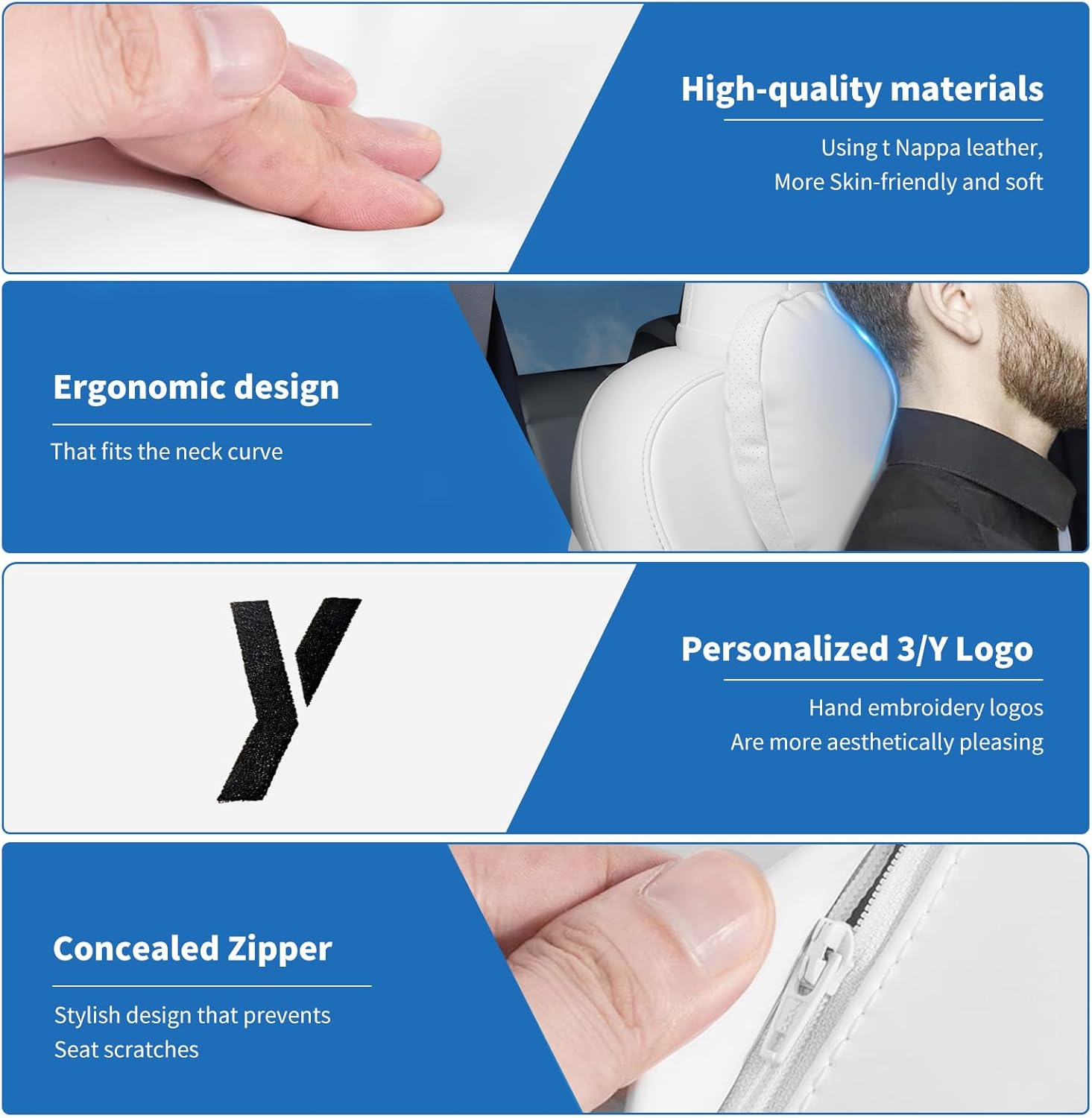 Nappa Leather Car Neck Pillow for Tesla Model Y Model 3 Juniper/Highland Headrest Pillow Memory Foam Ergonomic Design Breathable Height Adjustable Accessories (White-2 pcs-Y)