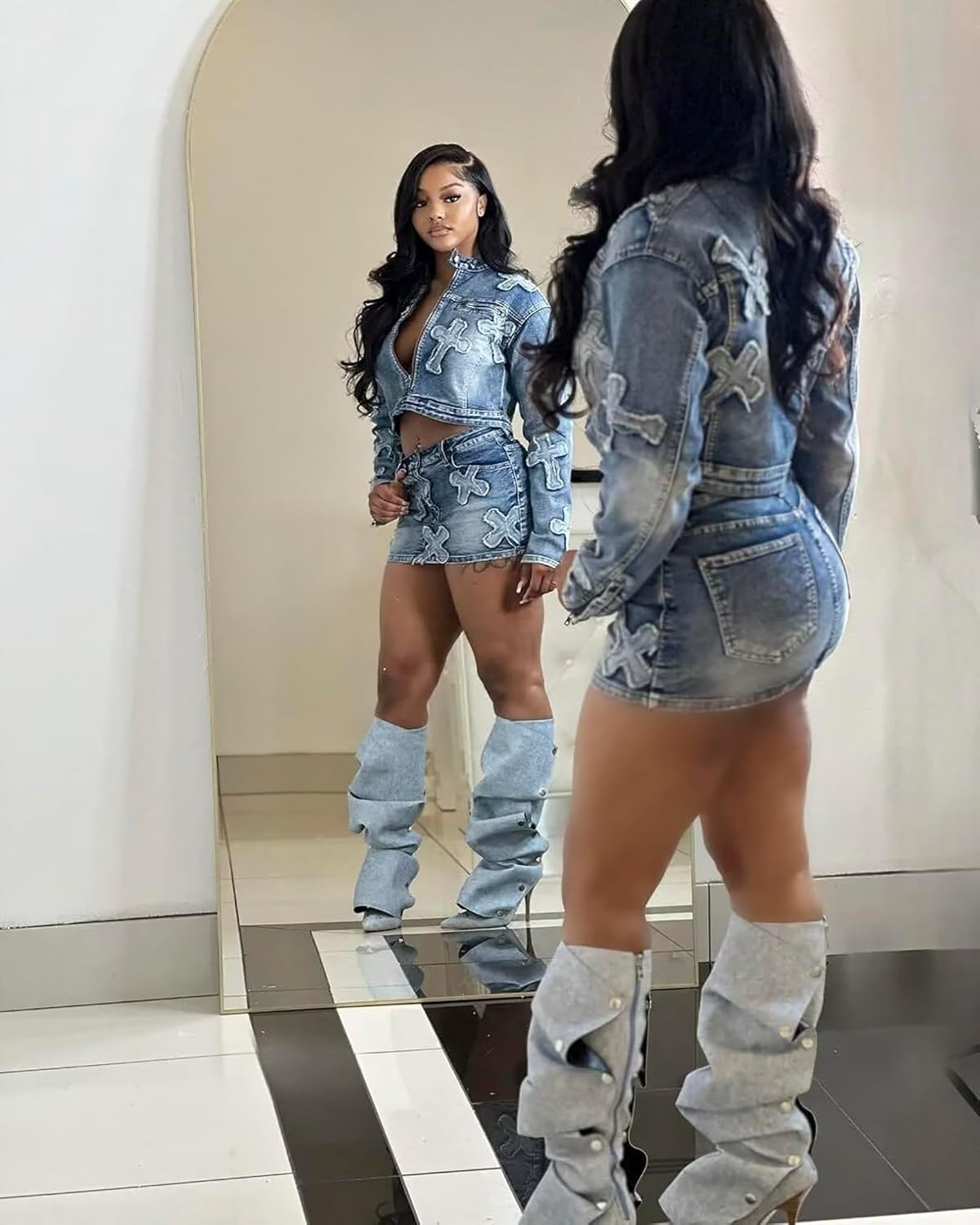 acelyn Women’s Denim Set 2 Piece Outfits Casual Denim Jacket & Mini Skirt Set Bodycon Jean Outfits with Pockets - Image 5