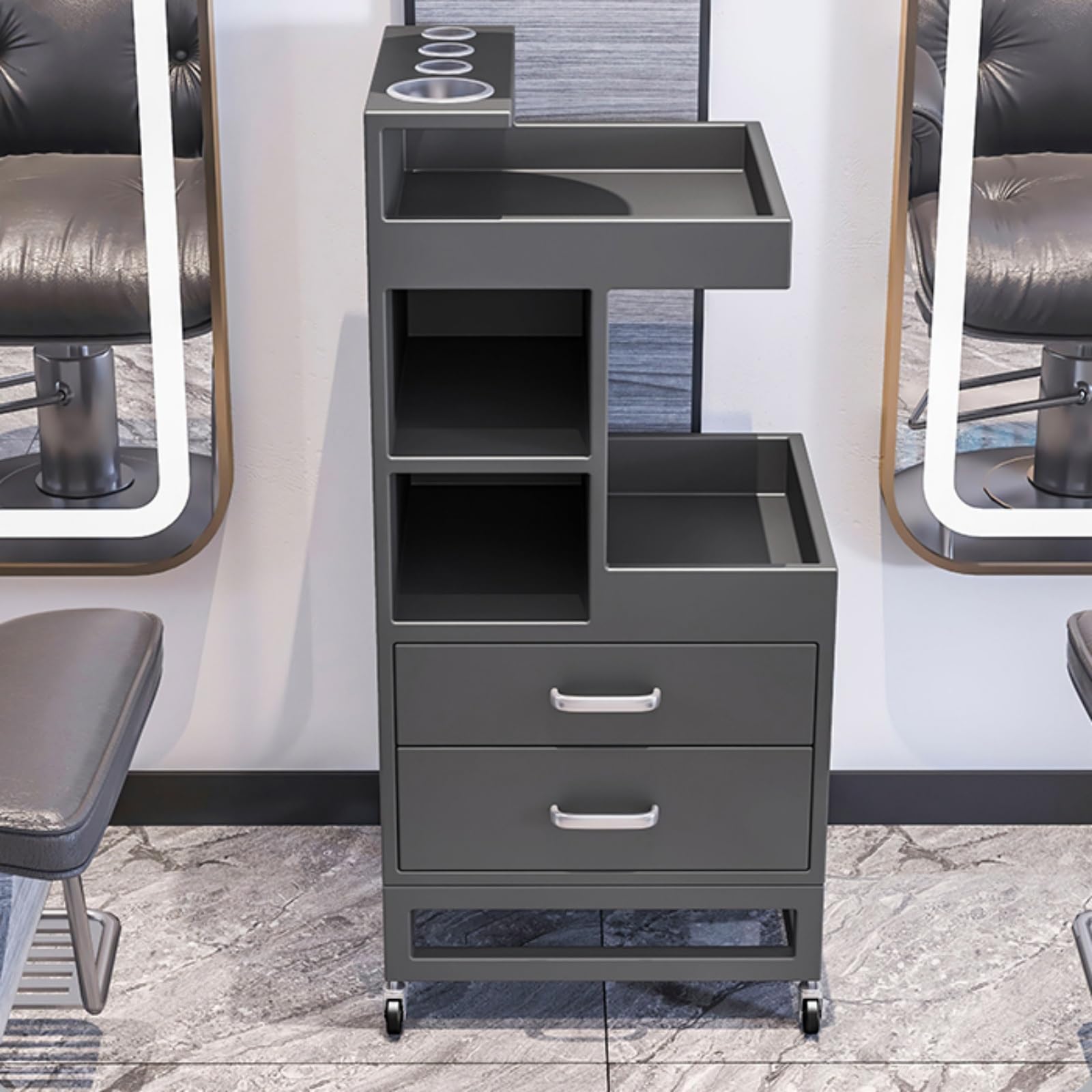 YNIYUJKL Salon Trolley Cart With 4 Wheels, Mobile Makeup Organizer, Barber Tool Station With Hair Dryer Holders And 2 Drawers,B