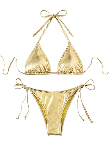  Bikini Sets Halter Tie Top Knot Side Bottom 2 Piece Bathing Suits Swimwear - L - Gold