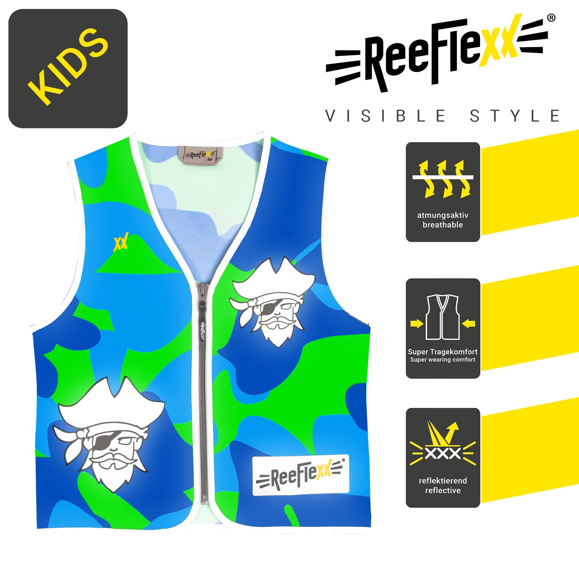 REEFLEXX Coole Kinder Warnweste inkl. Größen-Adapter, reflektierende Weste, erhöhte Sichtbarkeit im Straßenverkehr durch Reflektoren, Farben und Muster - Größe S, M und L