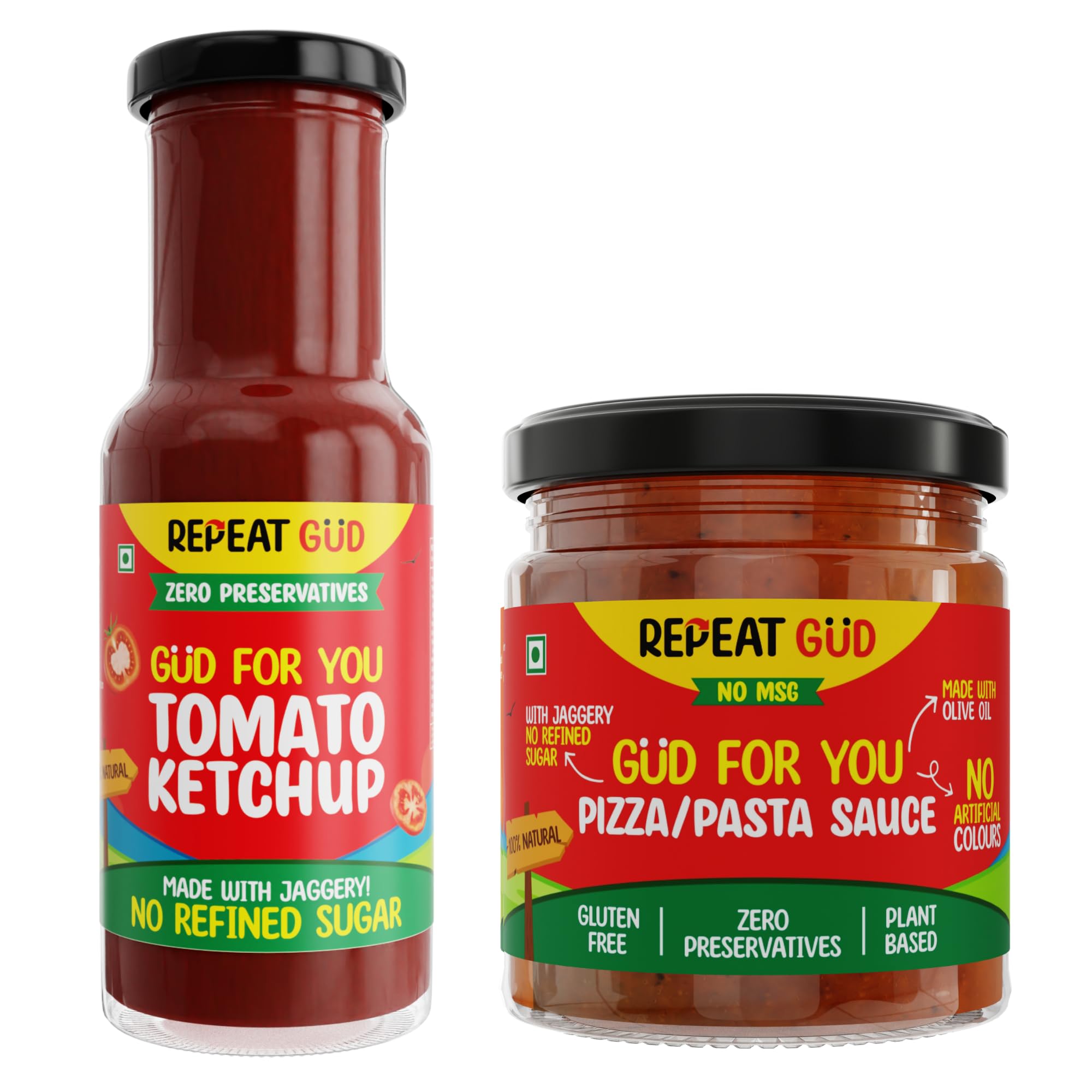 REPEAT GUD Healthy Sauces (Tomato Ketchup, Pizza Pasta Sauce) | No Refined Sugar, Made With Jaggery | No preservatives | GUD For Kids | 100% Natural Ingredients & Chemical free (Pack of 2)-image-1