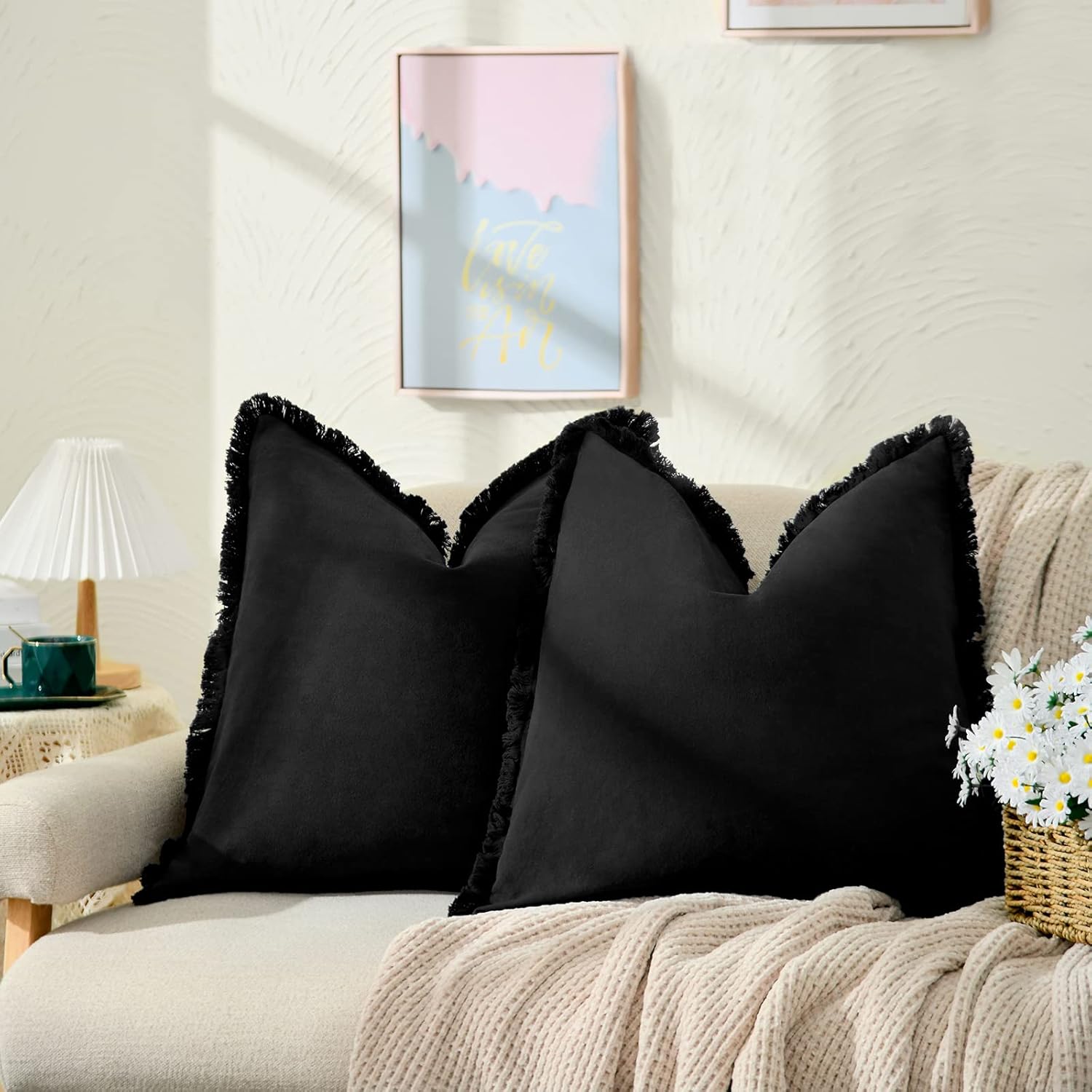 ZWJD Pillow Covers 18x18 Set of 2 Black Throw Pillow Covers with Fringe Chic Cotton
