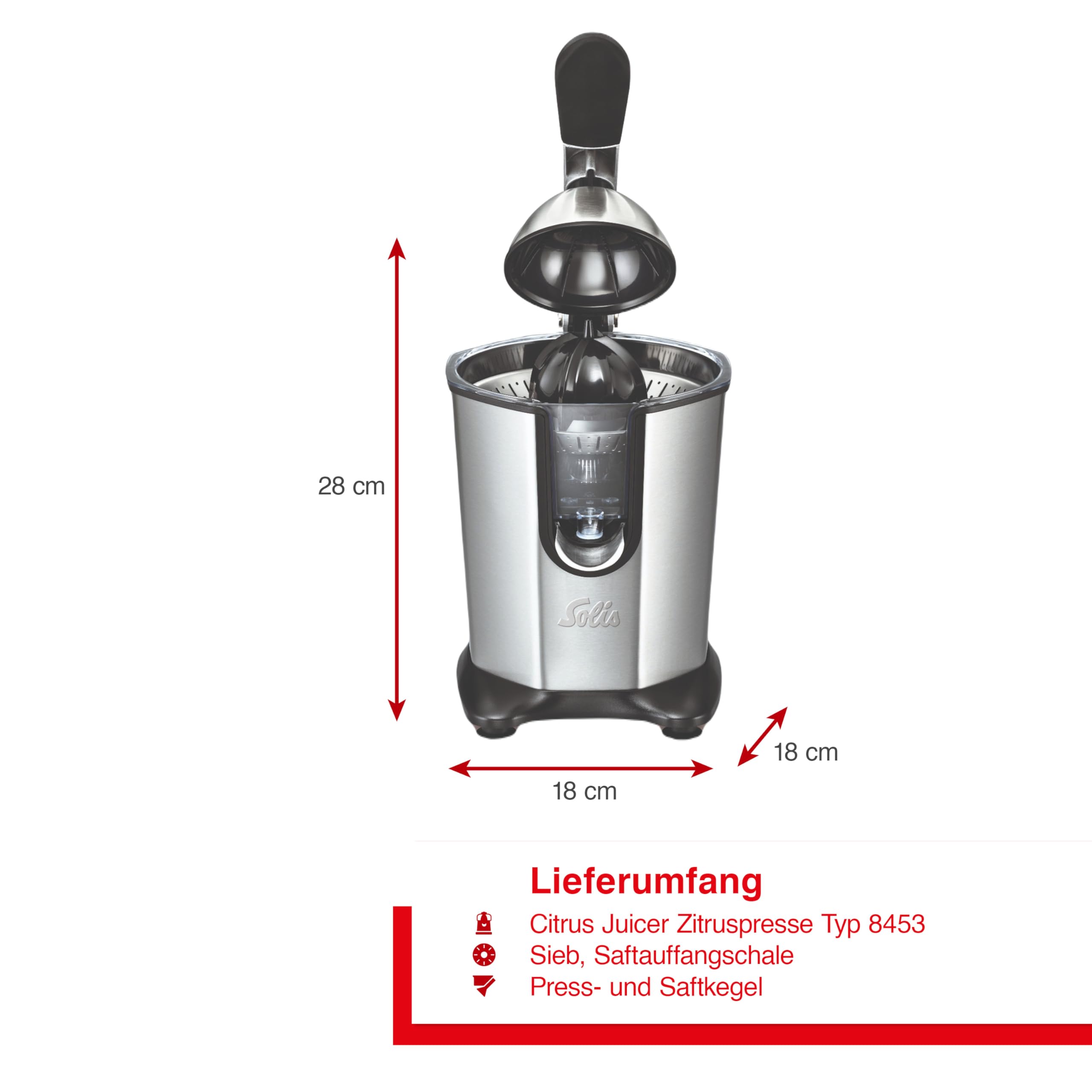 Solis Citrus Juicer 8453 Zitruspresse Elektrisch - Zitronenpresse - Orangenpresse - Einfache Startautomatik - Leiser Motor - Saftpresse Elektrisch aus Edelstahl - 160 Watt | Metall-Pressarm, Startautomatik, Anti-Tropf, spülmaschinenfest, für Orangen, Zitr