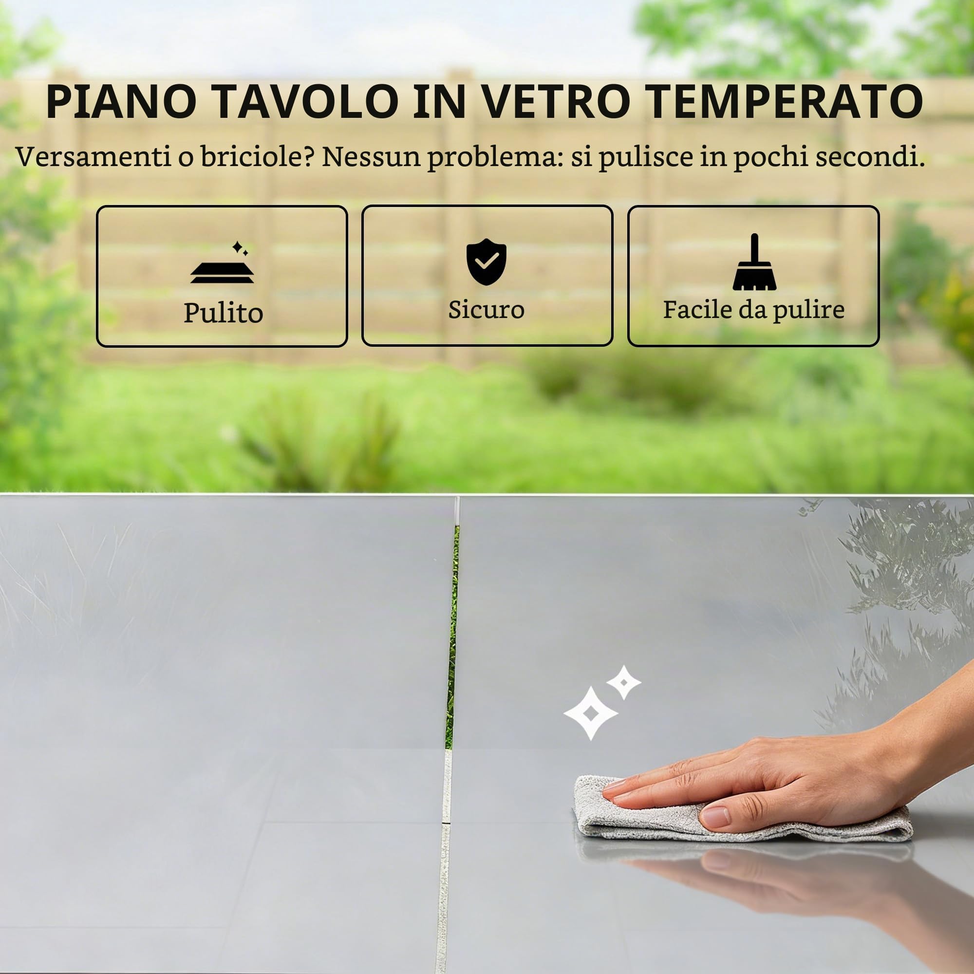 Outsunny Set da giardino composto da tavolo e sedie, 7 pezzi, mobili da giardino per esterni con tavolo in vetro temperato, 6 sedie decorative traspiranti, struttura in acciaio resistente alle