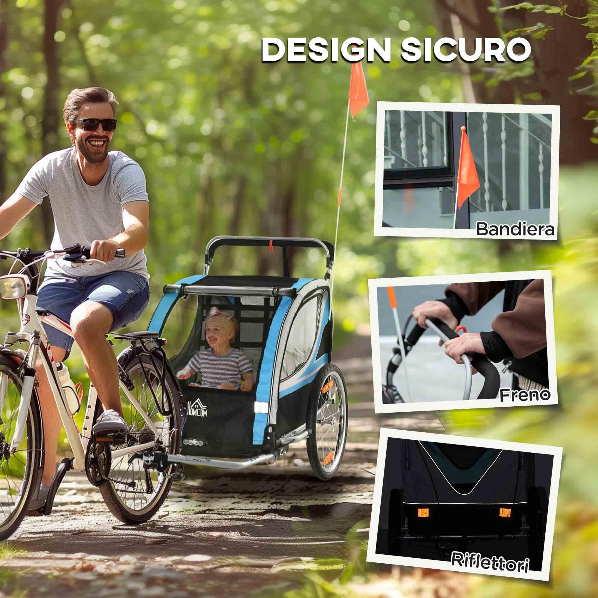 HOMCOM Rimorchio Bici per Bambini 2 in 1 Passeggino con Freno, Cintura a 5 Punti