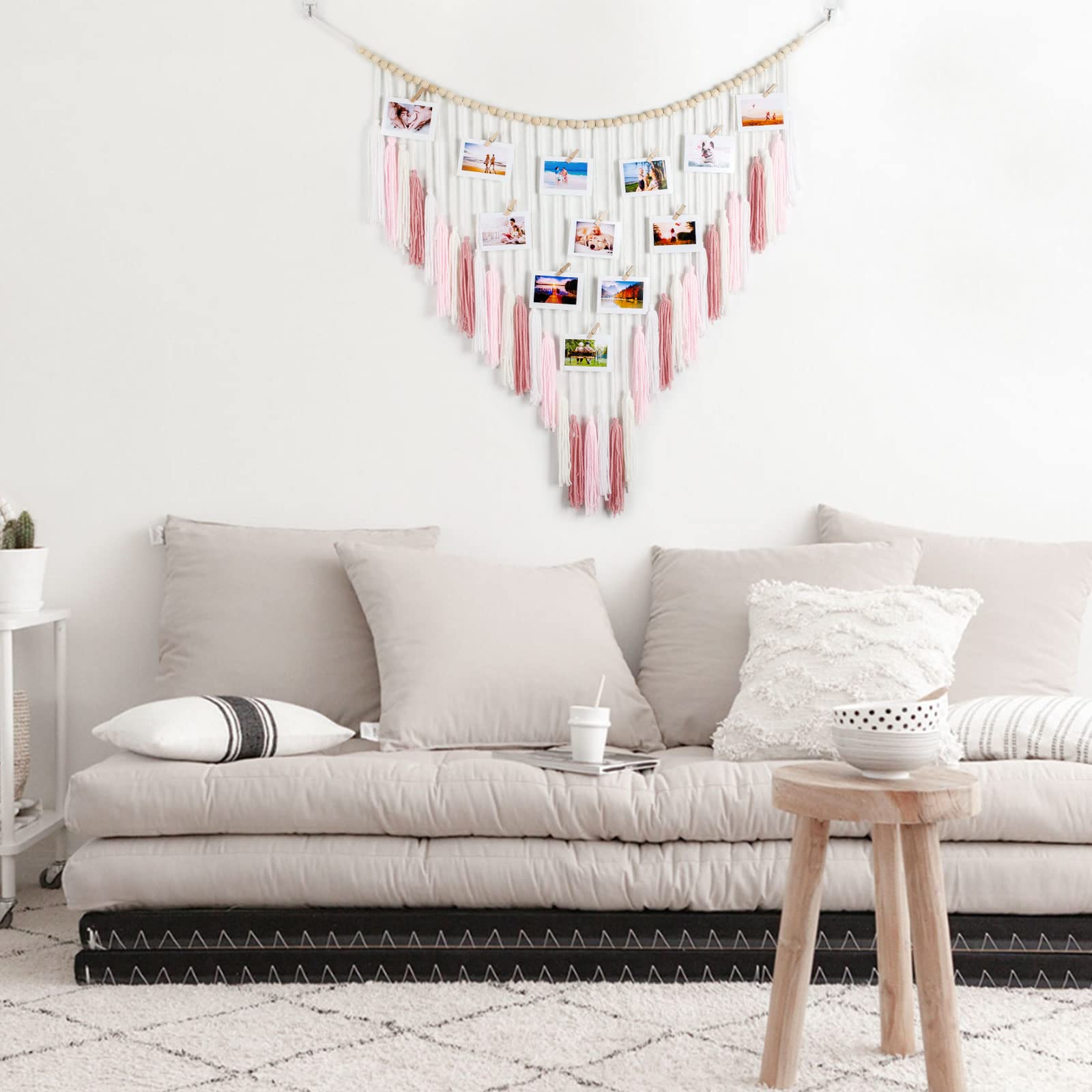 Macrame Wall Hanging with Wood Beads - Bohemian Wall Decor for Bedroom, Living Room Kitchen Home Decor Room Decor Boho Wall Hanging Decor, Gifts for Women Photo Display Cilp Holder Pink 35'' X 36''