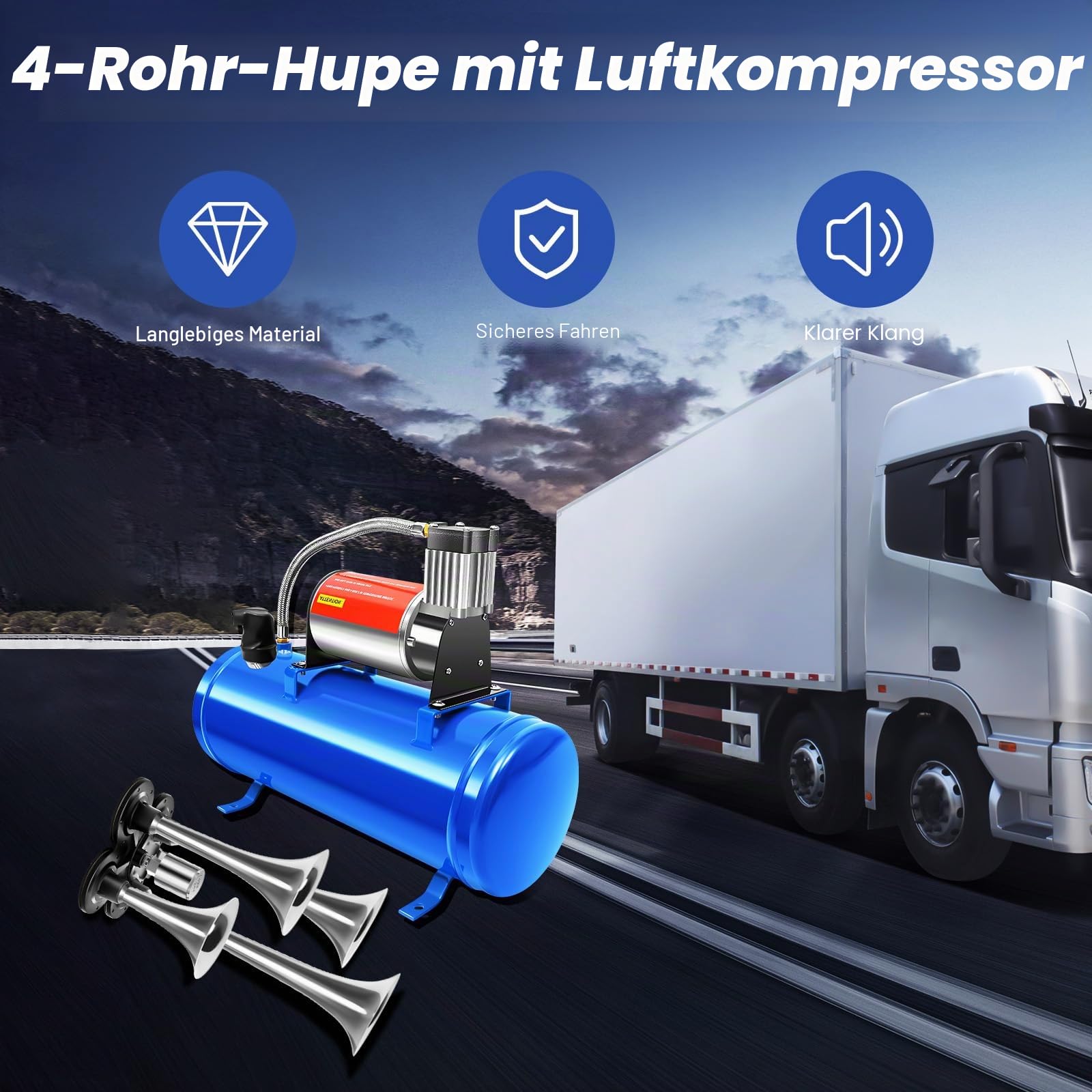 4 Trumpet Train Luft Horn Kit Und Kompressor Luftkompressor Komplettsystem Air Compressor mit 4-Rohr-Horn für Autoreifen Automotoren Fahrräder und auch Druck für Bälle und Spielzeug auffüllen 150PSI