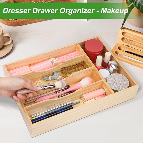 Miniatura 5 de MapleGrace Organizador de cajones de cubiertos de bambú, bandeja organizadora de cubiertos de madera con 5 ranuras, organizador de cajones de