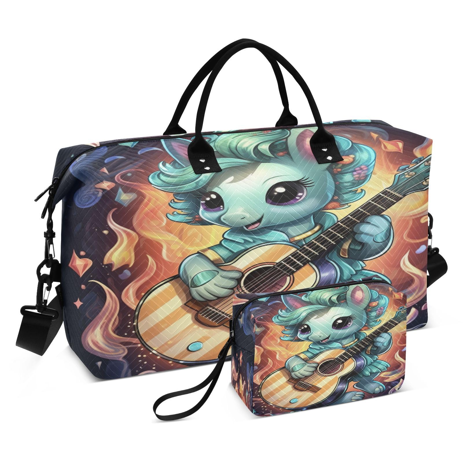 Cute Cartoon Music Unicorn Sports Swim Gym Bag Weekender Duffel Travel Bags Handbag with Makeup Storage Bag for Girls Men