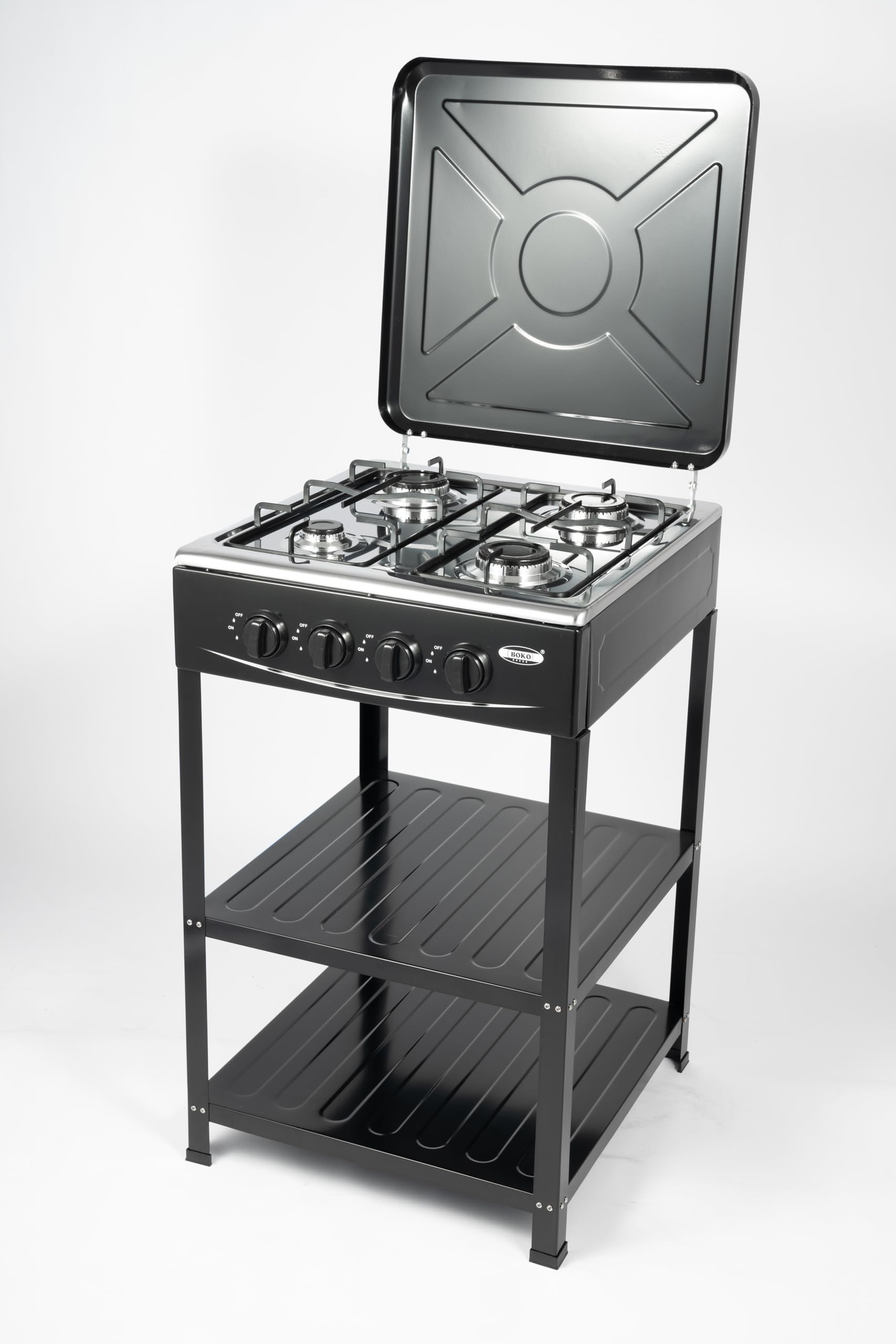 Estufa de gas de 4 quemadores con tapa y estante, NG/LPG 4 quemadores con placa de gas de pie, doble estante independiente para camping, control independiente (4 quemadores, negro)