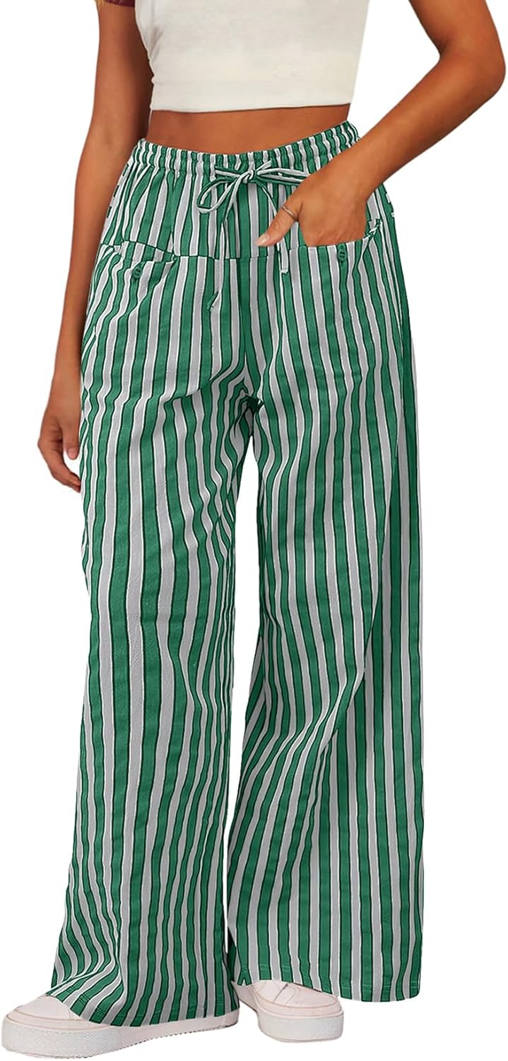 Acelitt Women Casual Drawstring Elastic Waist Loose Wide Leg Striped Pants with Pockets, S-XXL