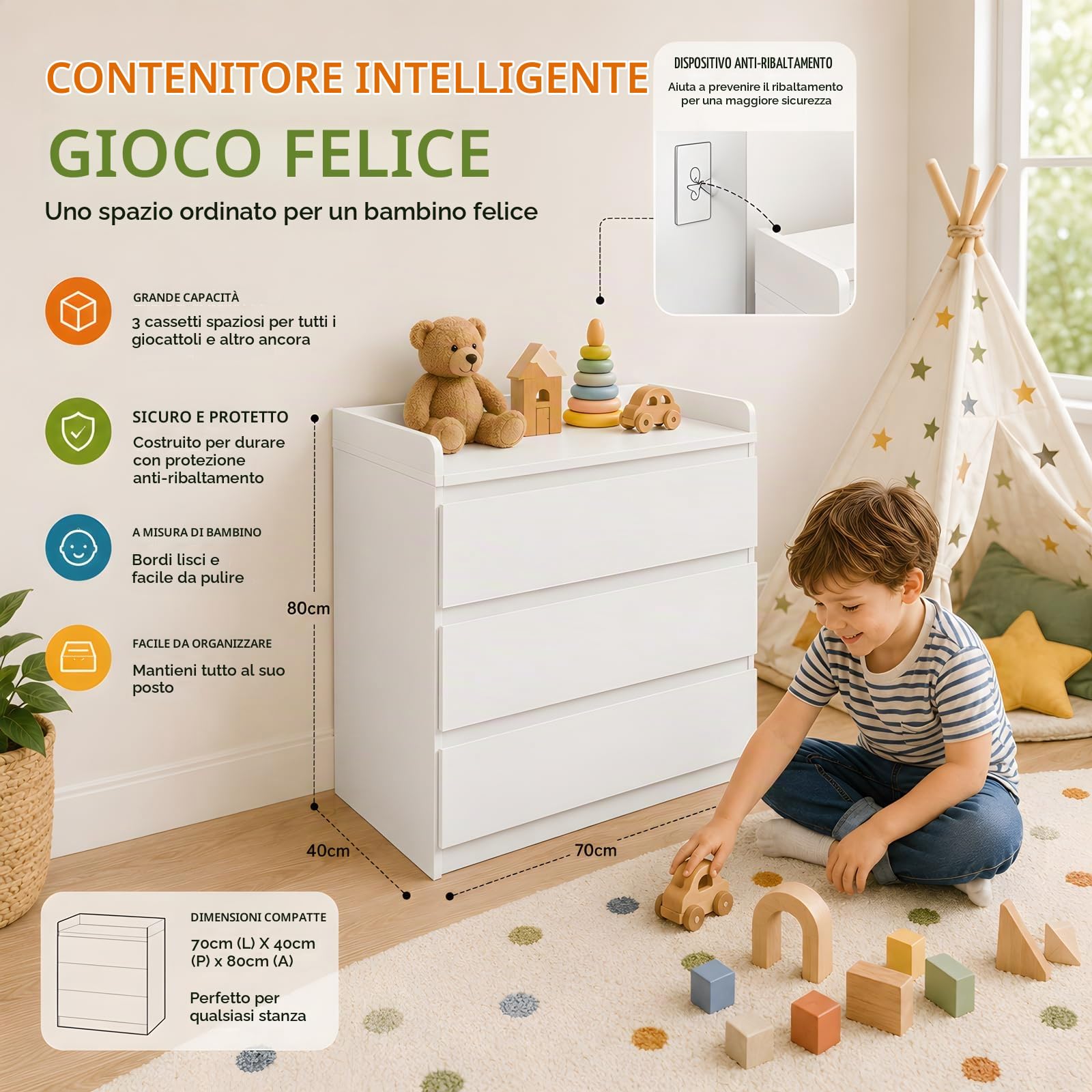 Fasciatoio con Cassettiera Bianca 3 Cassetti, Cassettiera Camera da Letto 70x40x80cm in Melamina, Mobile Fasciatoio Salvaspazio per Cameretta